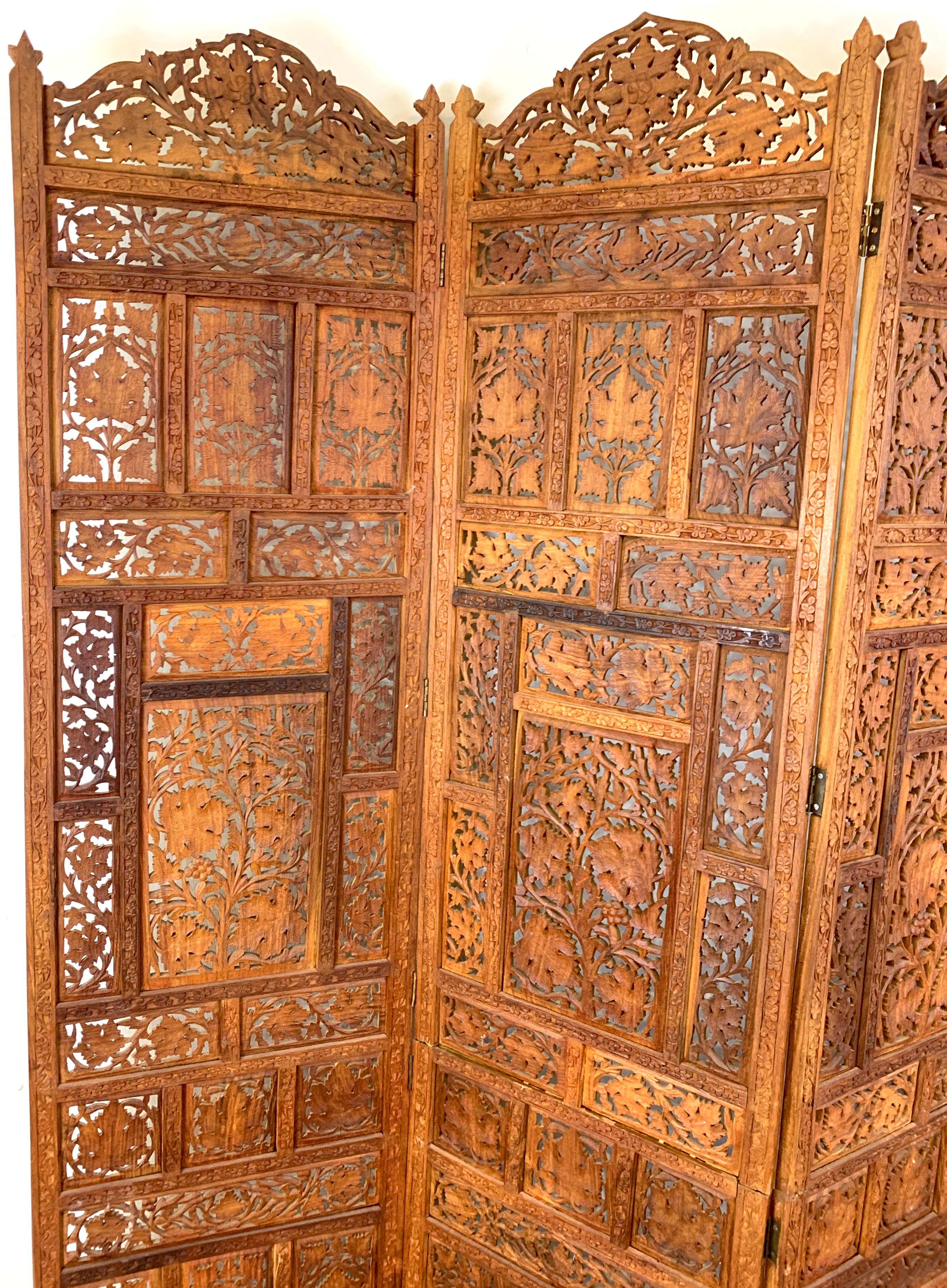 Anglo-Indian Vintage Indian Sandalwood Four Panel Screen For Sale