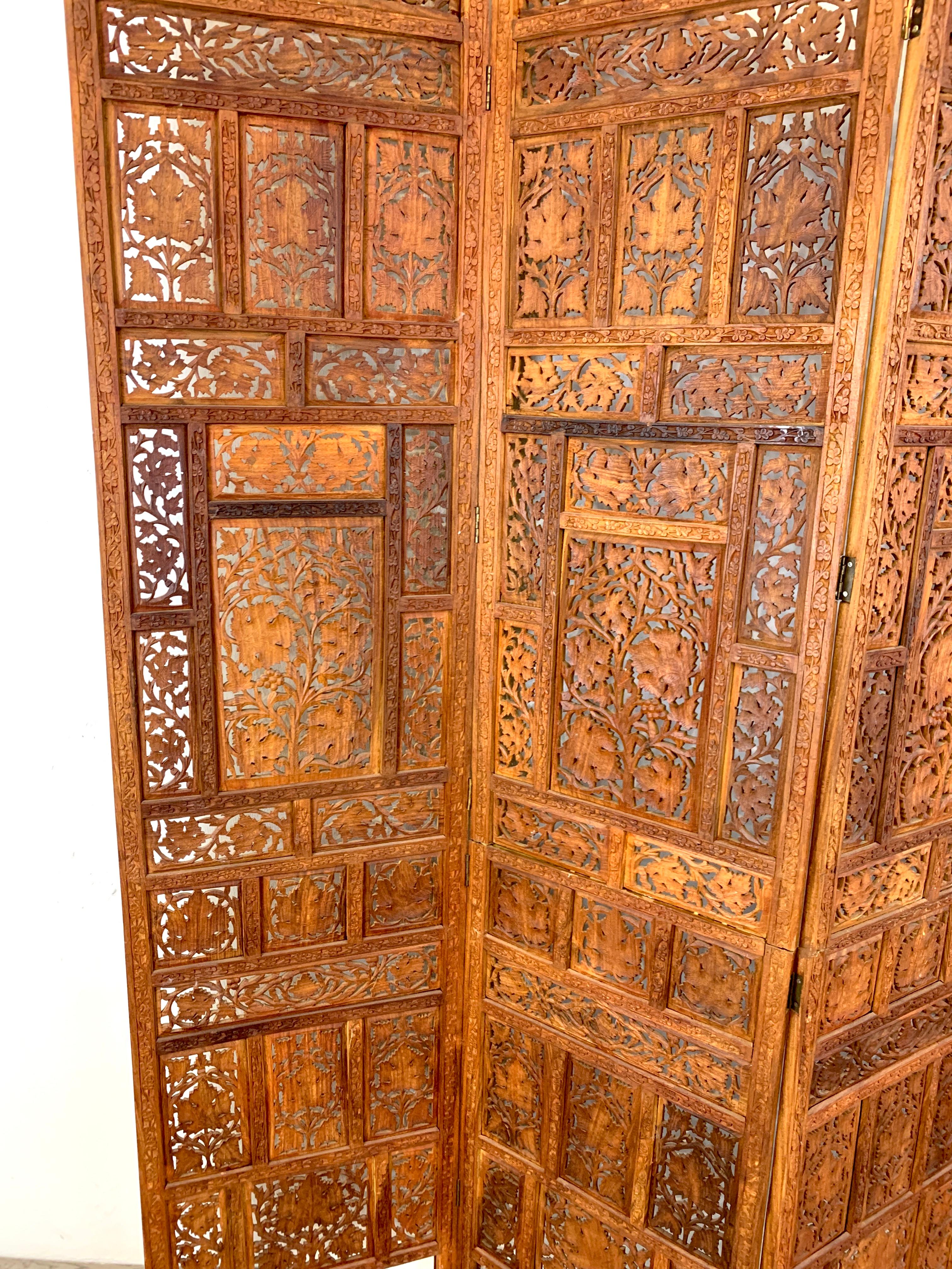 Hand-Carved Vintage Indian Sandalwood Four Panel Screen For Sale