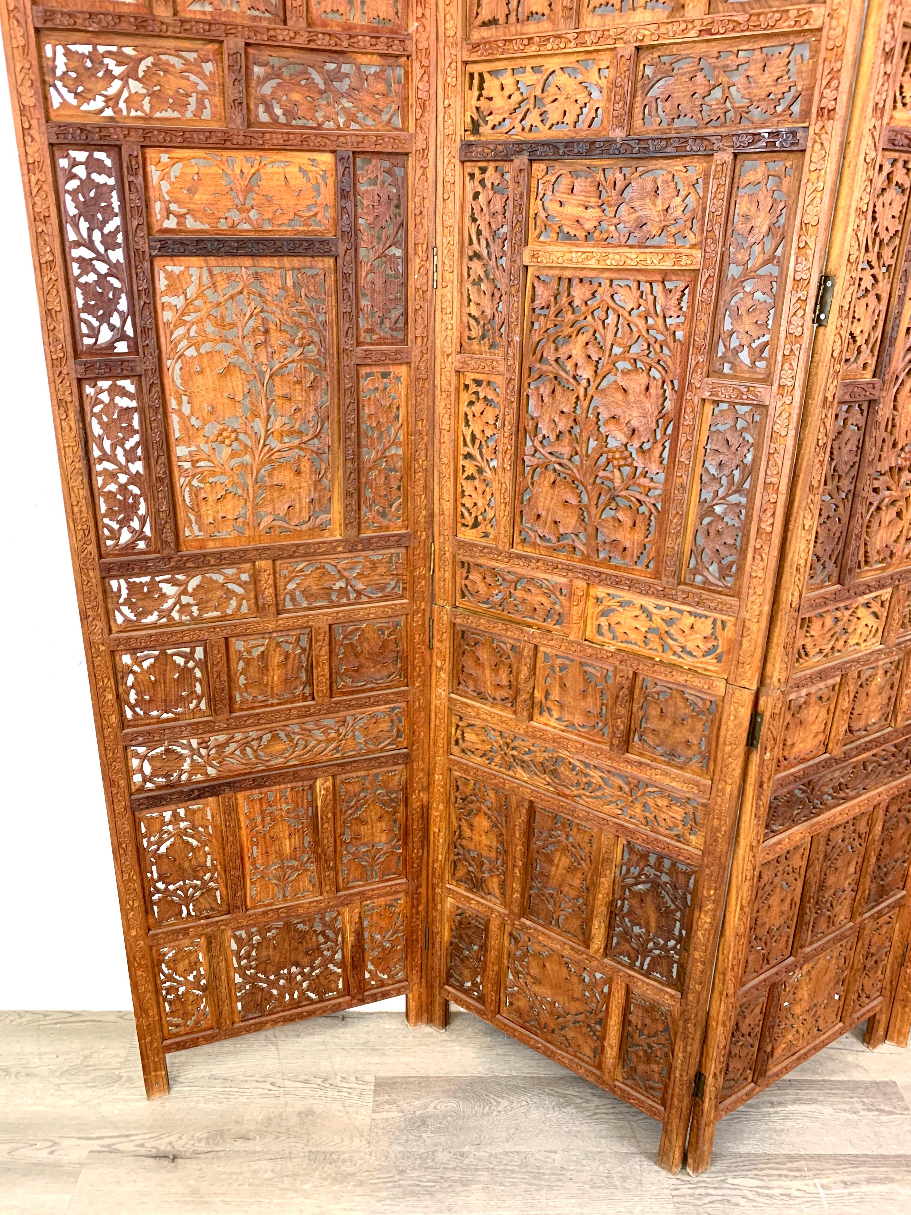 Vintage Indian Sandalwood Four Panel Screen In Good Condition For Sale In Atlanta, GA