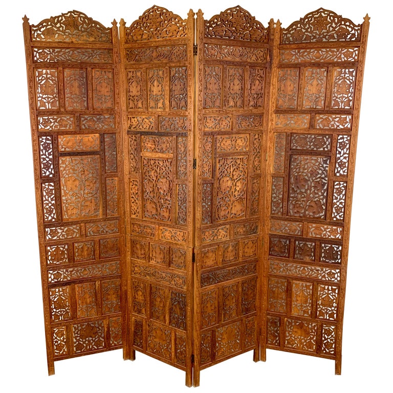 Vintage Indian Sandalwood Four Panel, Carved Wooden Indian Screens