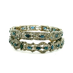 Vintage Indian Sapphire Diamond Bracelet Set, Silver Over 14K Gold, Circa 1950