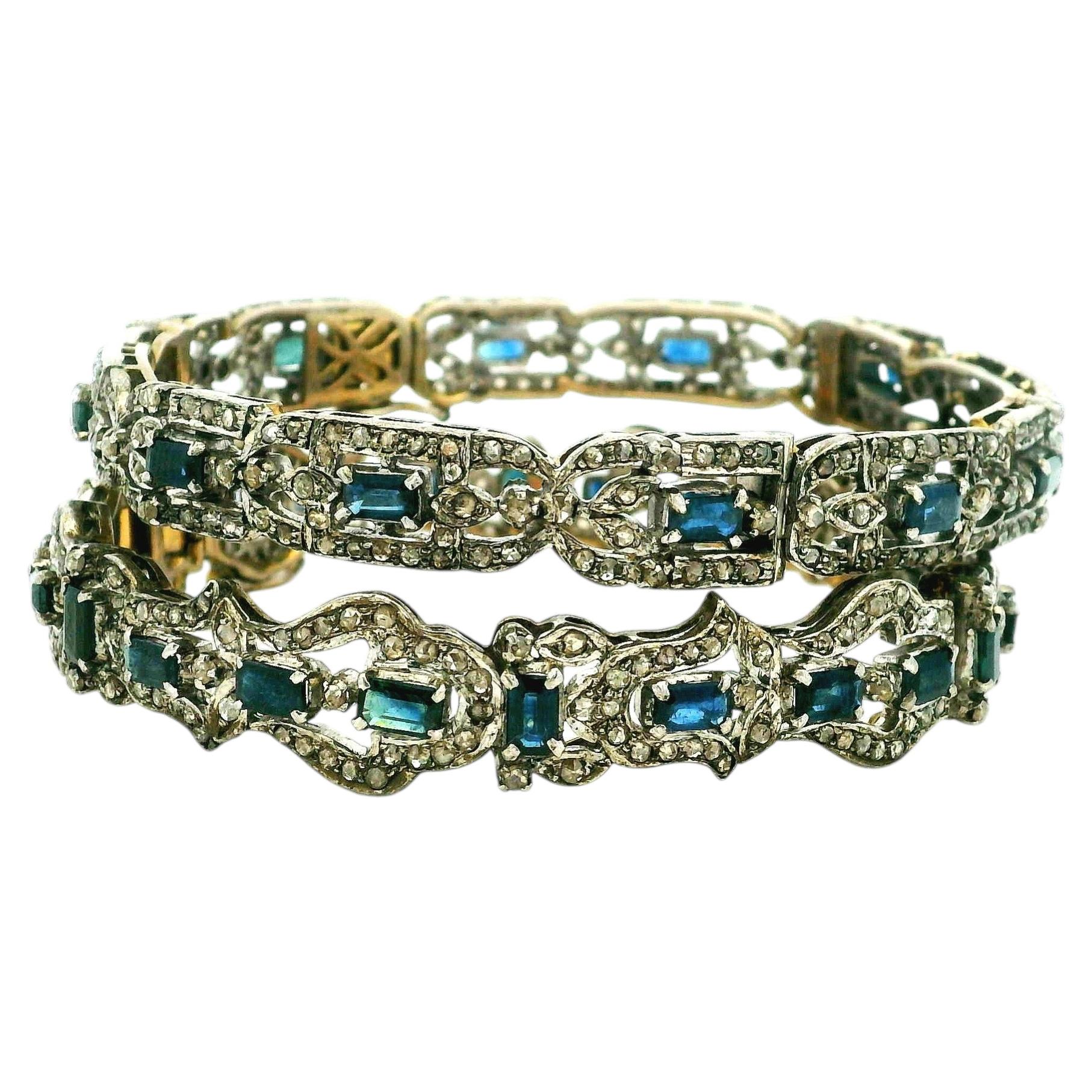 Vintage Indian Sapphire Diamond Bracelet Set, Silver Over 14K Gold, Circa 1950
