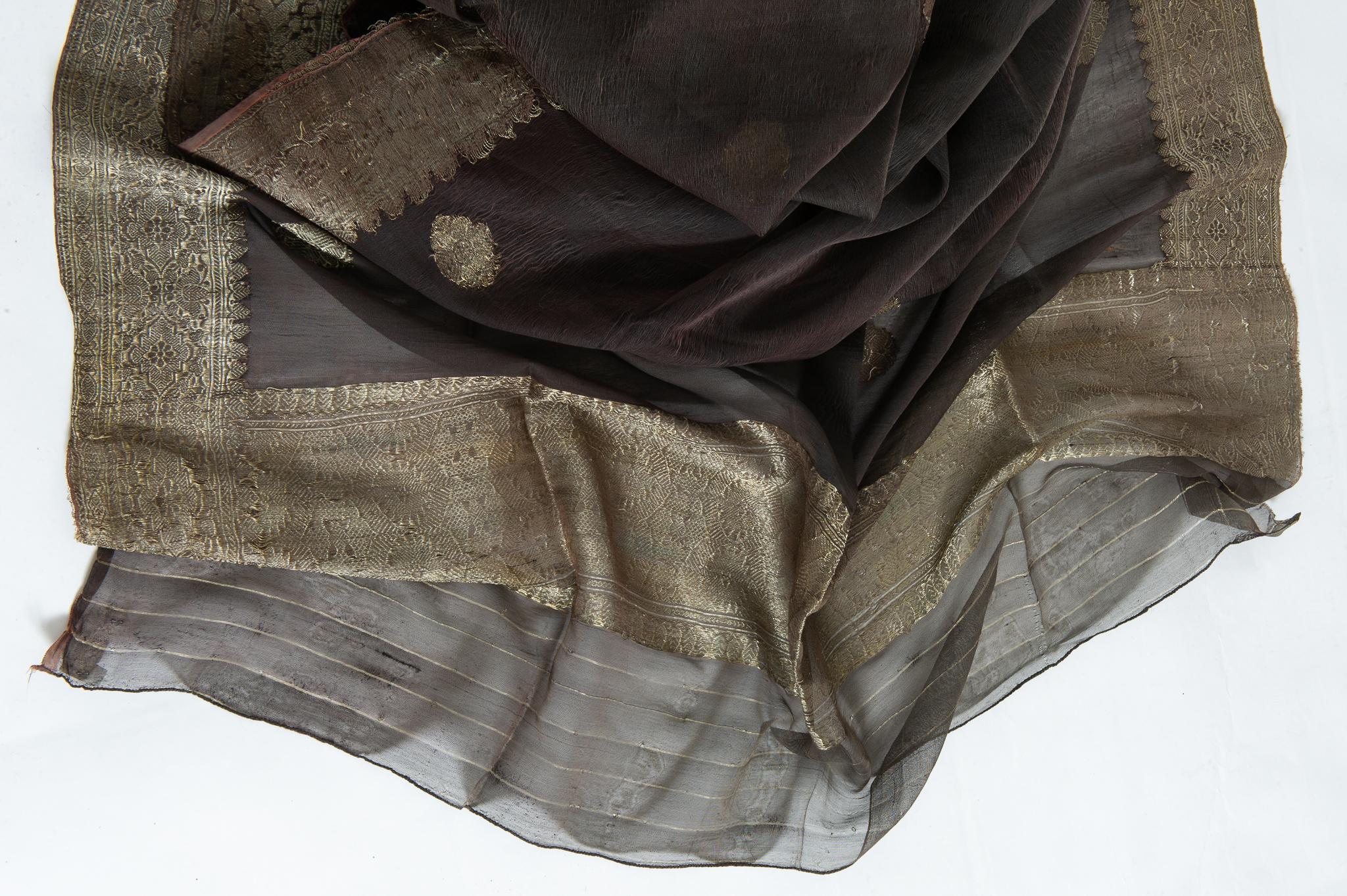 20th Century Vintage Indian Sari Dark Brown Color, Unusual Curtains or an Evening Dress