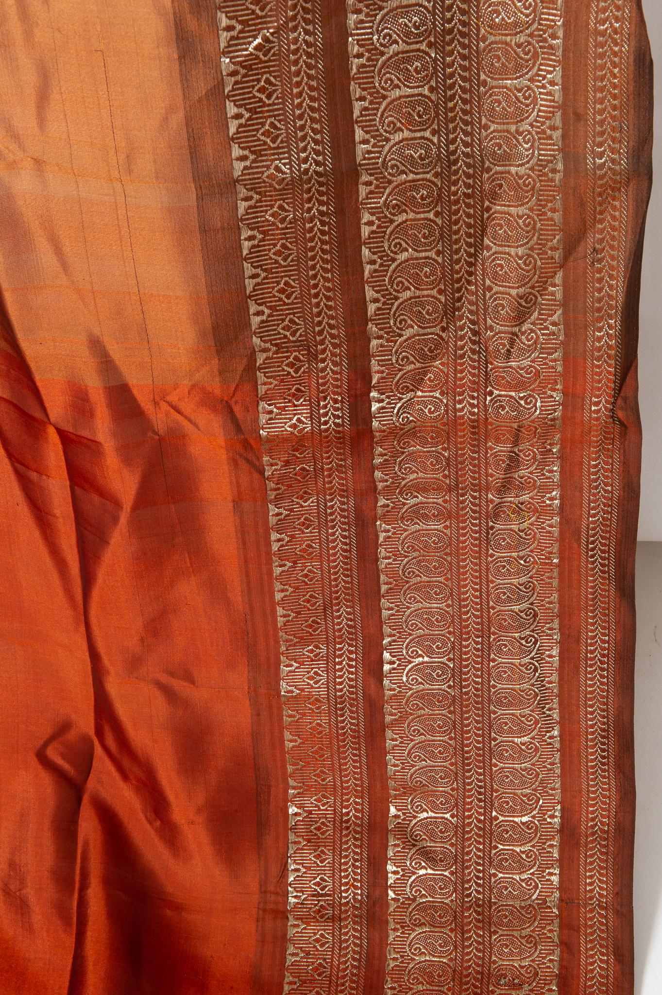 Vintage Indian Sari, tobacco color and gold 