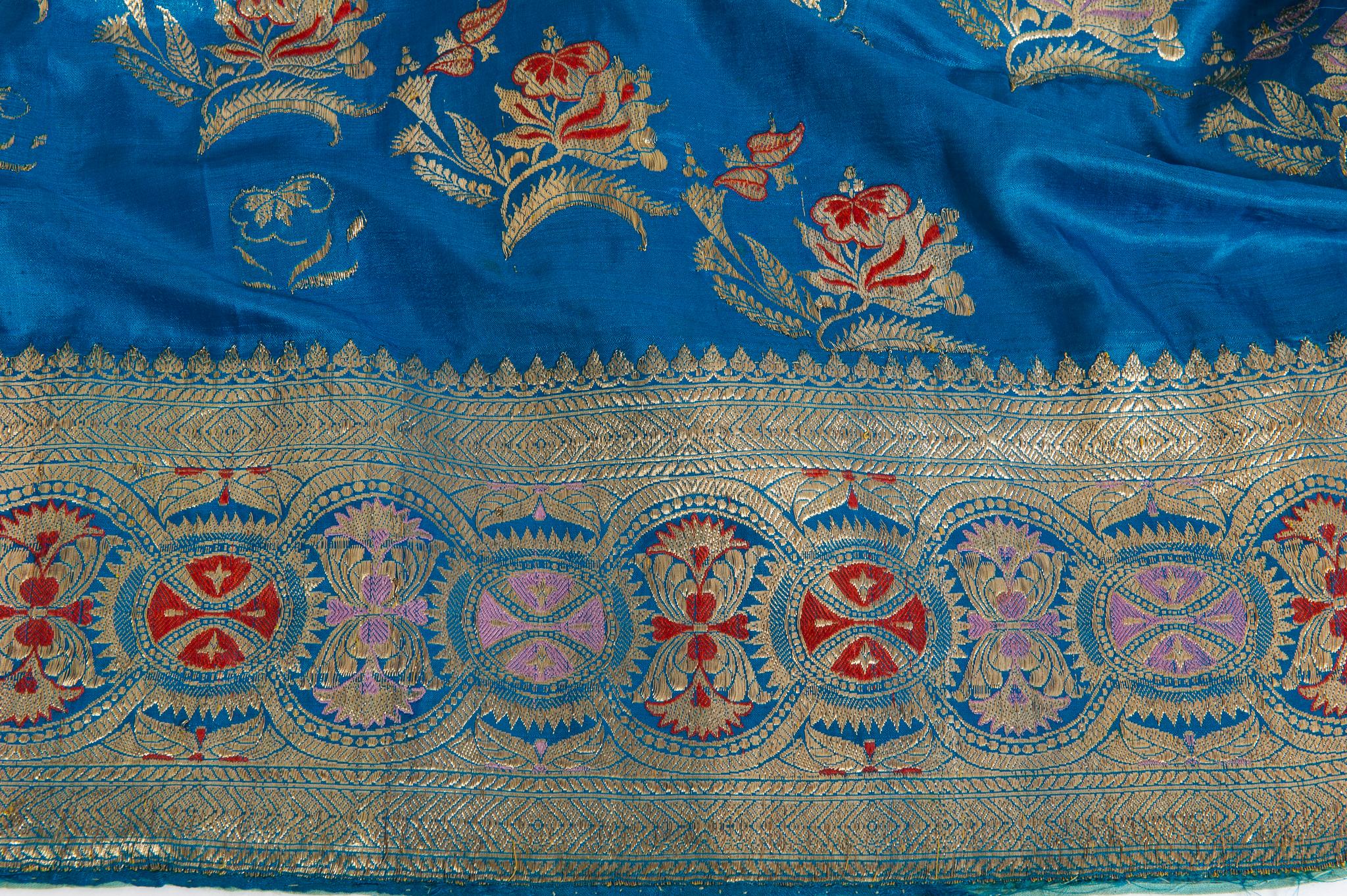  Indian Sari Turquoise with Rich Floral Drawing, for Curtain Also For Sale 5