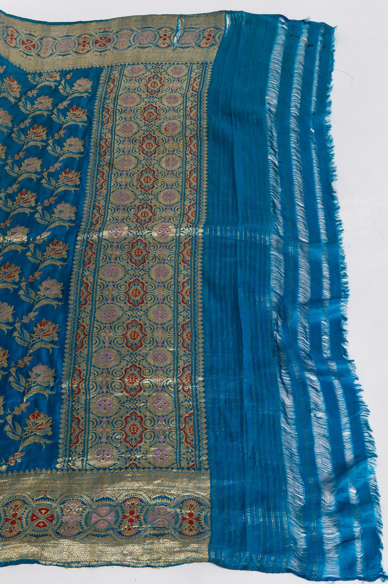 Indian Sari Turquoise with Rich Floral Drawing, for Curtain Also For Sale 5