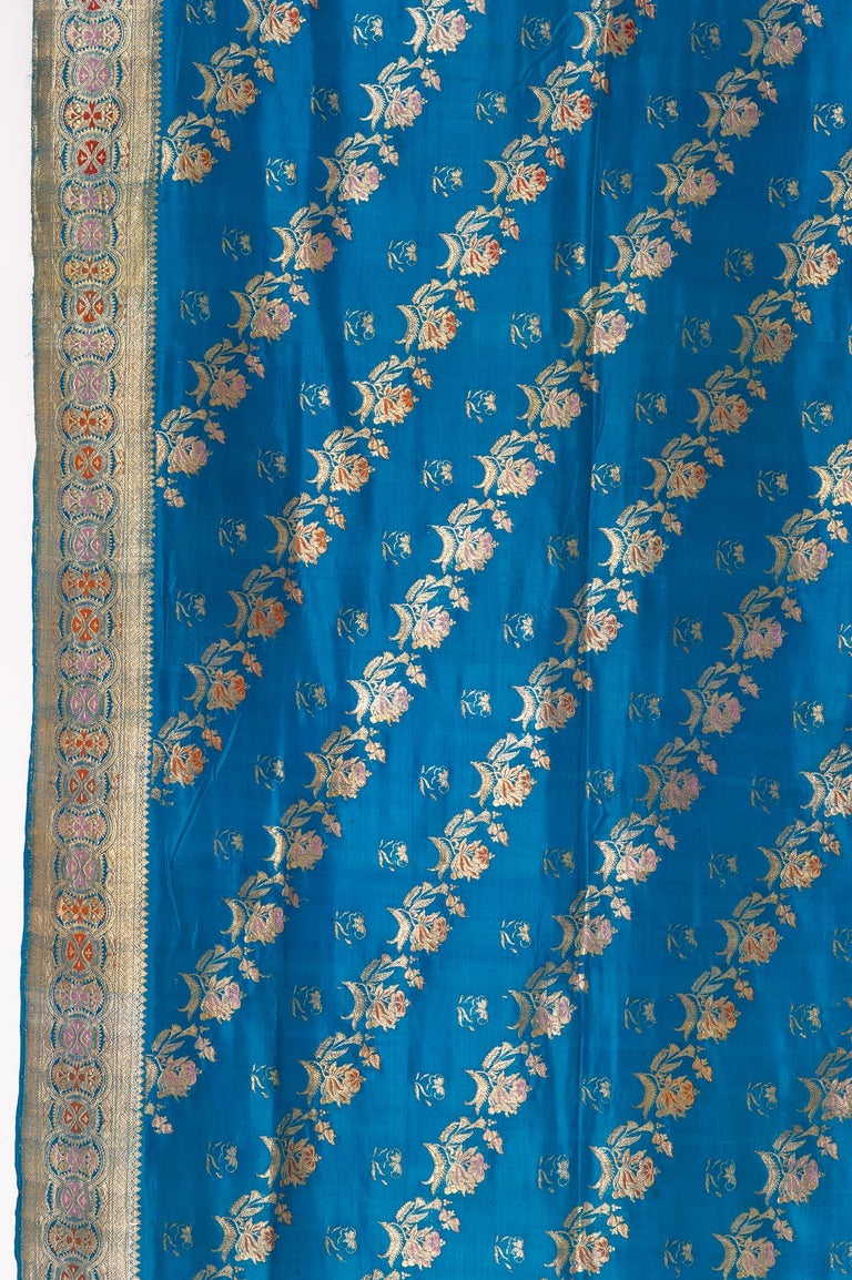  Indian Sari Turquoise with Rich Floral Drawing, for Curtain Also For Sale 10