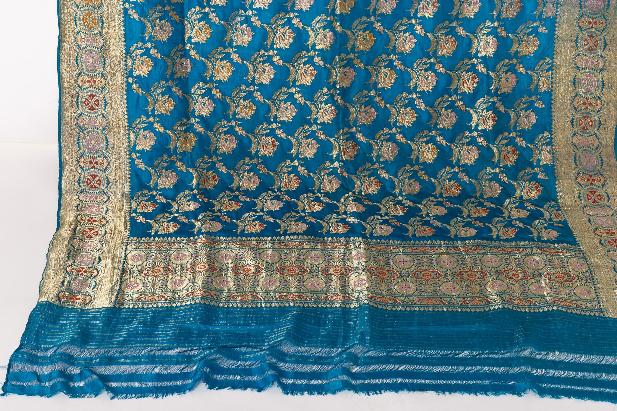  Indian Sari Turquoise with Rich Floral Drawing, for Curtain Also For Sale 11