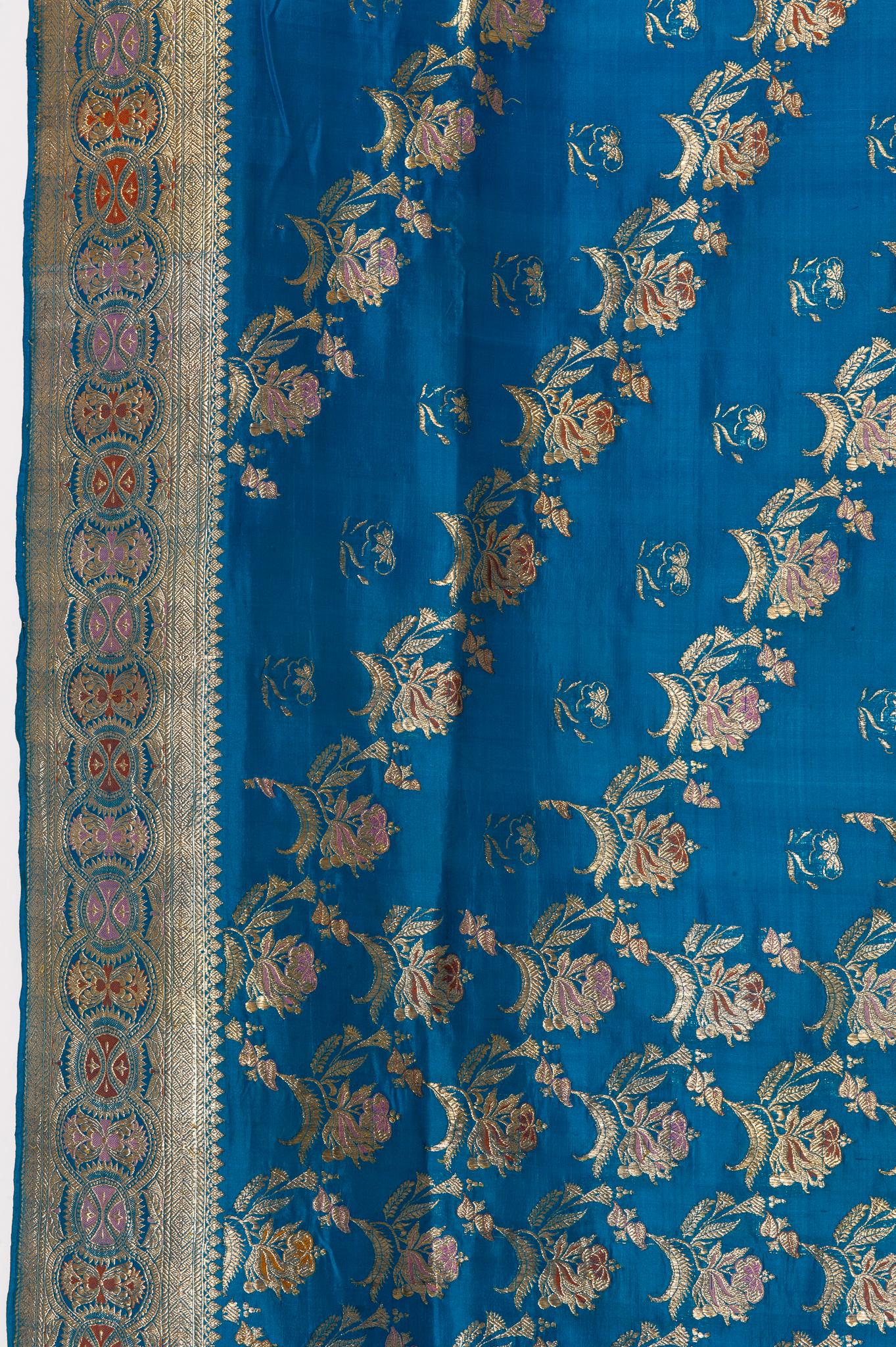 Indian Sari Turquoise with Rich Floral Drawing, for Curtain Also For Sale 10