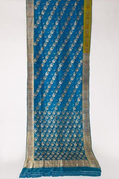 Vintage Turquoise Sari Fabric with Floral Design, Circa 1950