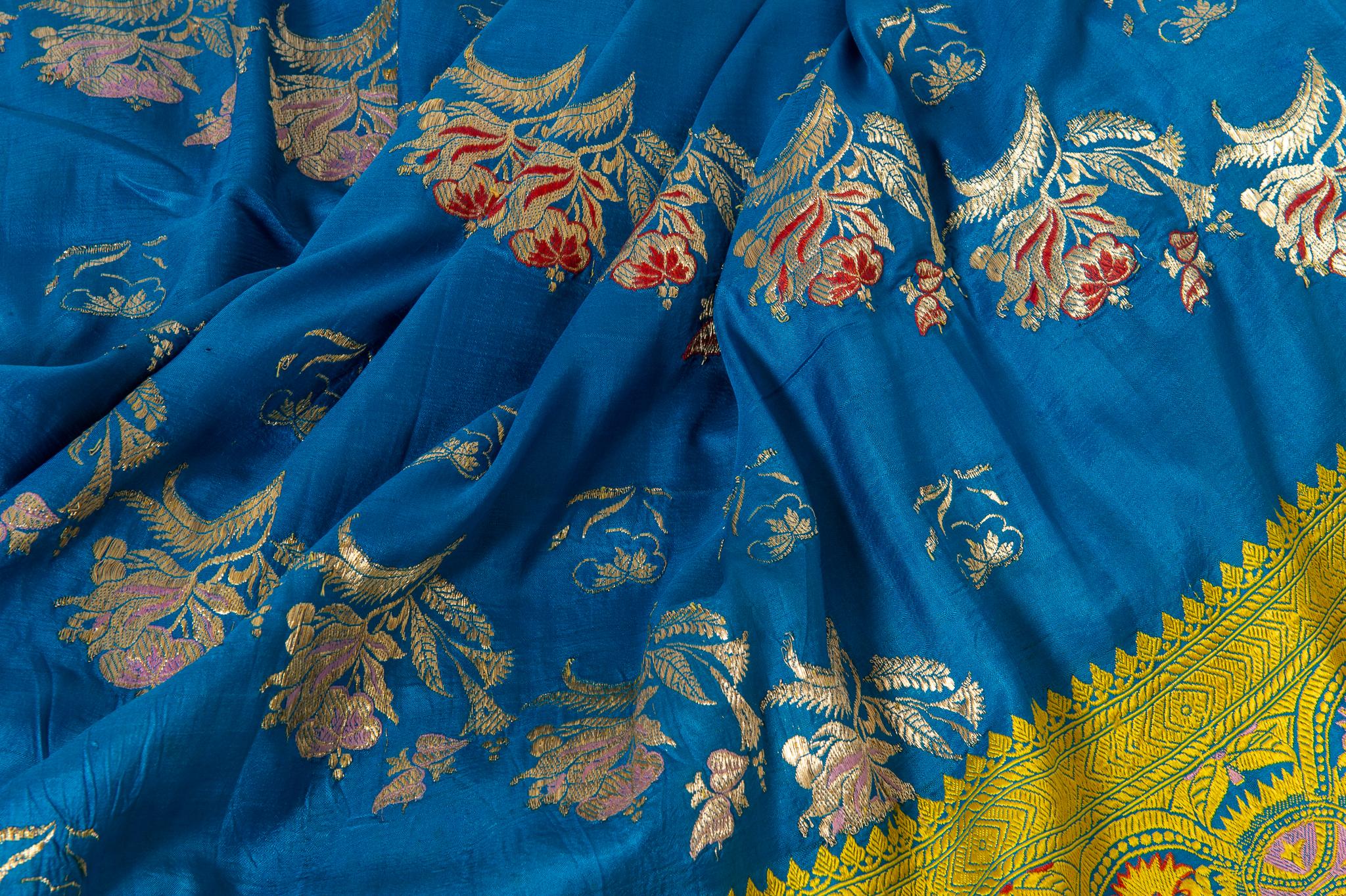 Embroidered  Indian Sari Turquoise with Rich Floral Drawing, for Curtain Also For Sale