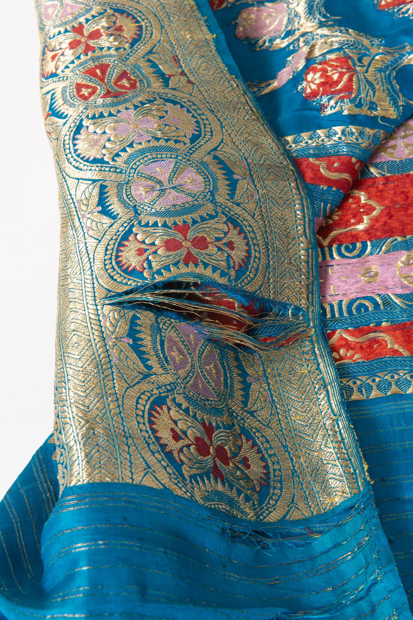 20th Century  Indian Sari Turquoise with Rich Floral Drawing, for Curtain Also For Sale