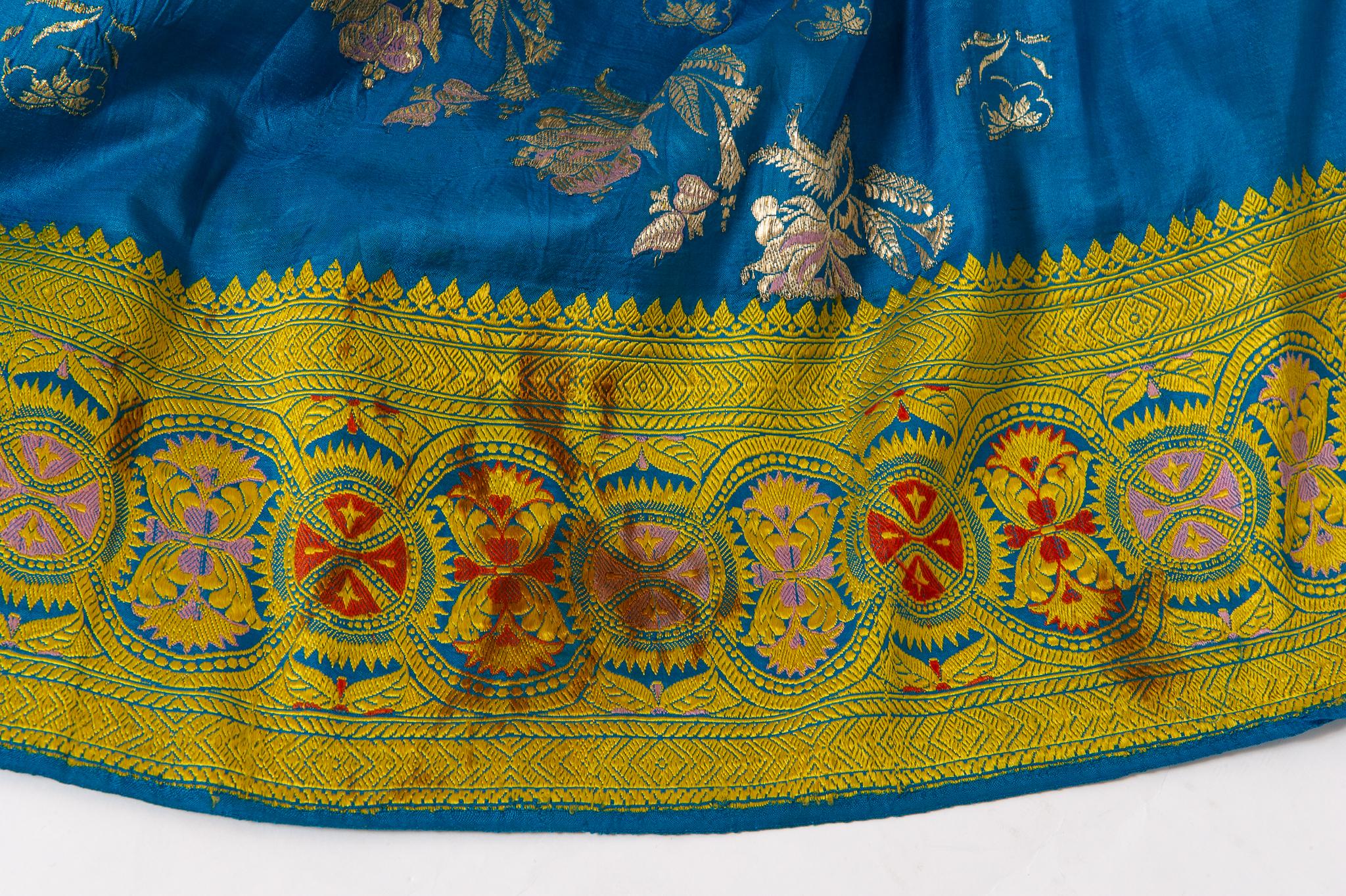 Acrylic  Indian Sari Turquoise with Rich Floral Drawing, for Curtain Also For Sale