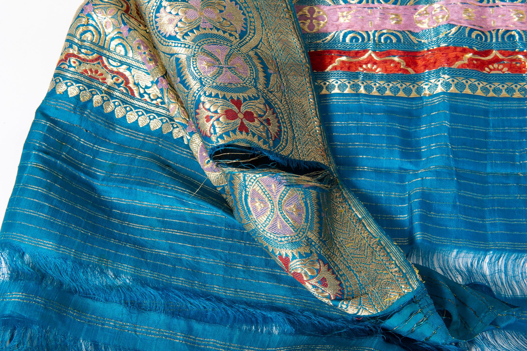  Indian Sari Turquoise with Rich Floral Drawing, for Curtain Also For Sale 2