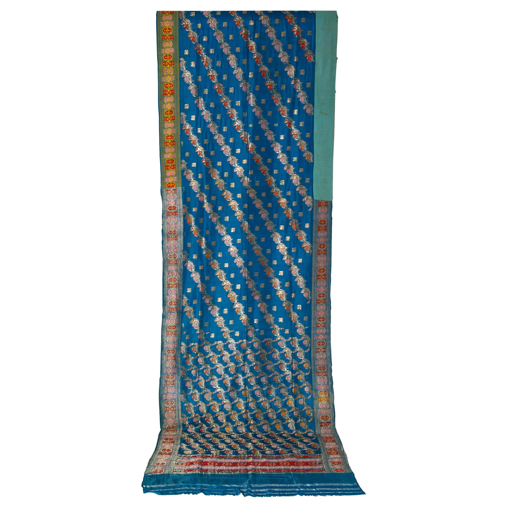  Indian Sari Turquoise with Rich Floral Drawing, for Curtain Also