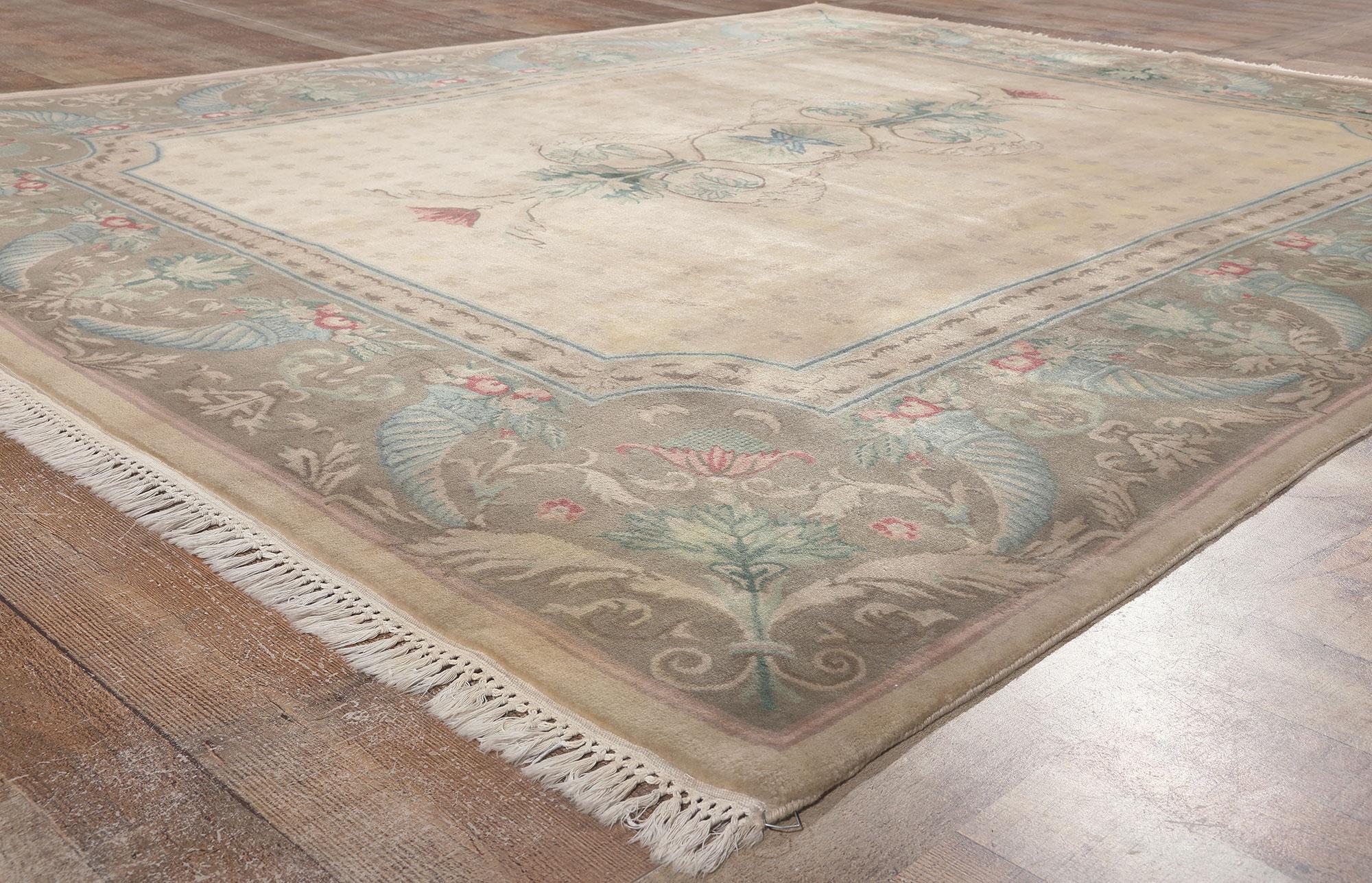 Hand-Knotted Vintage Indian Savonnerie Rug, European Charm Meets French Country Style For Sale