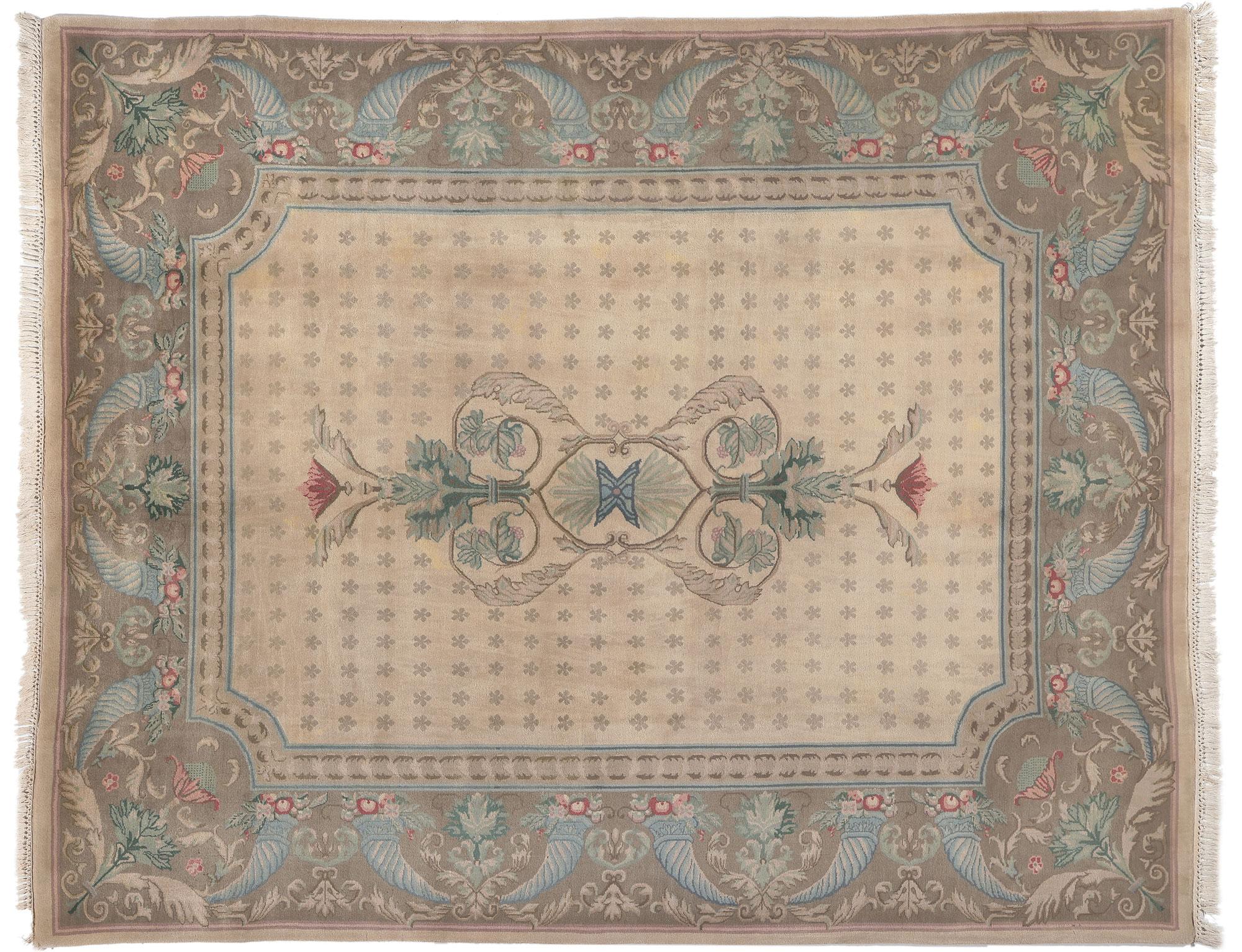 Wool Vintage Indian Savonnerie Rug, European Charm Meets French Country Style For Sale