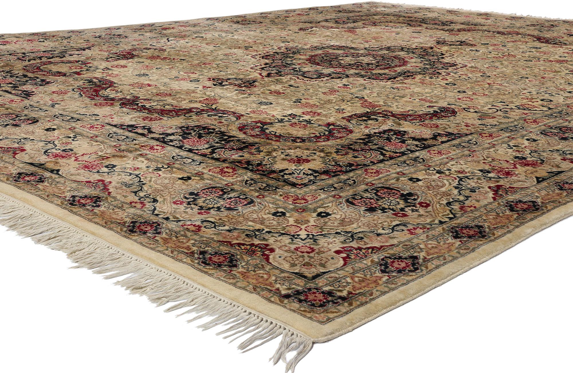 78688 Vintage French Savonnerie Style Rug, 09'02 x 12'00. This hand-knotted wool vintage Pakistani Savonnerie style rug is a testament to the fusion of artistic traditions. At its heart lies a cusped floral medallion adorned with a delicate bottony