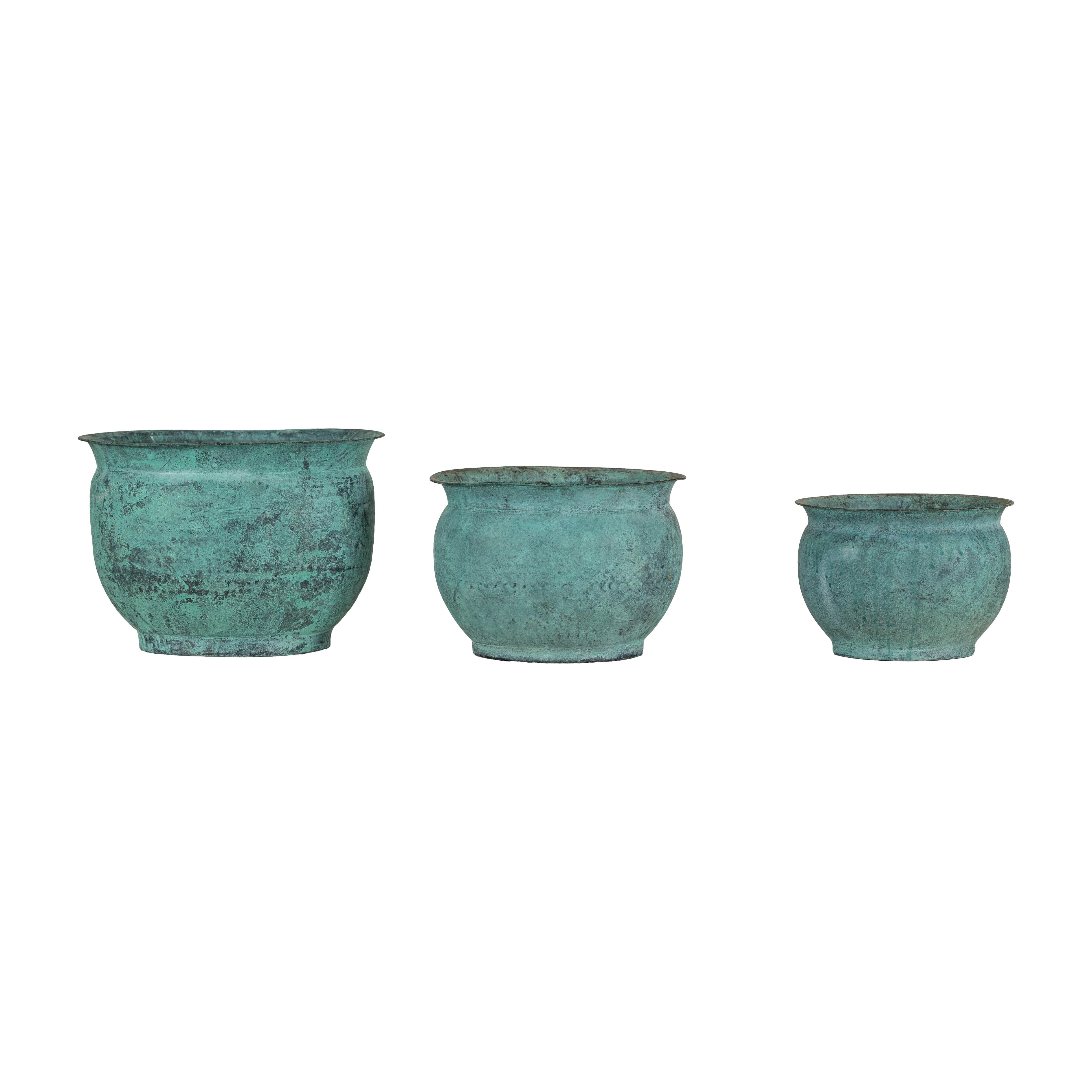 Set indiano d'epoca di tre vasi da cache in rame con patina di Verdigris in vendita 13