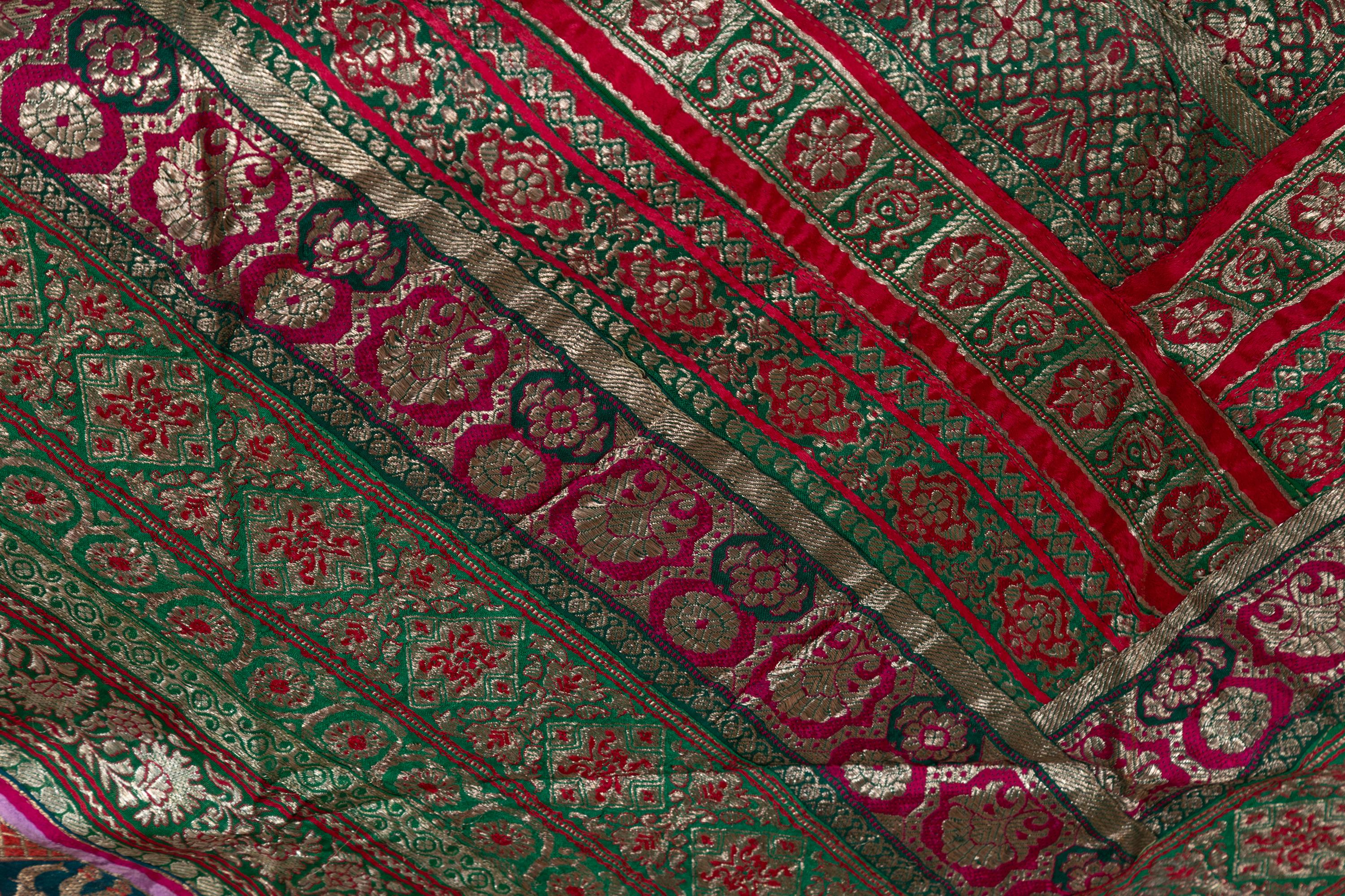 Vintage Indian Silk Embroidered Fabric with Green, Red, Fuchsia and Golden Tones 3