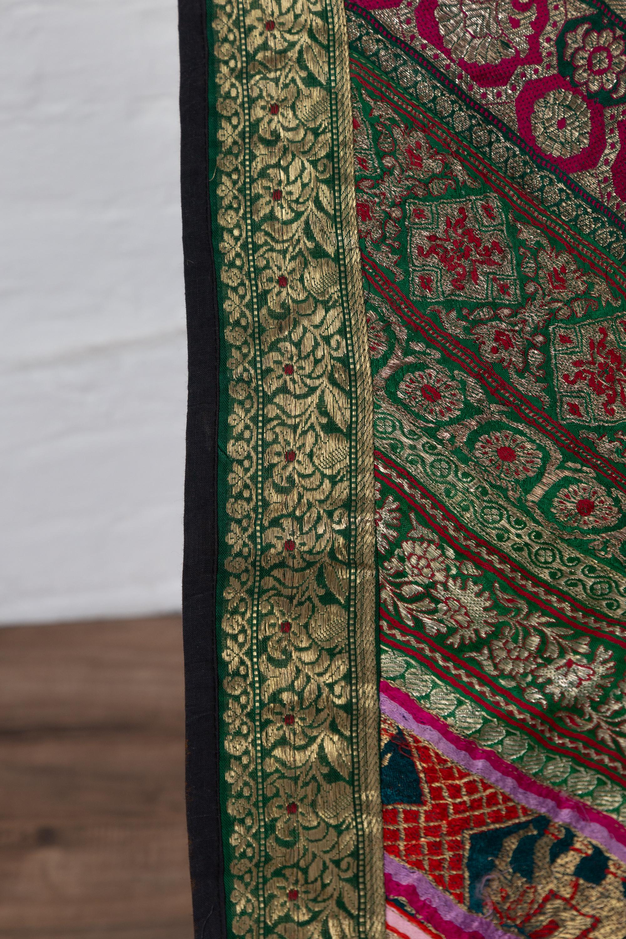 Vintage Indian Silk Embroidered Fabric with Green, Red, Fuchsia and Golden Tones 4