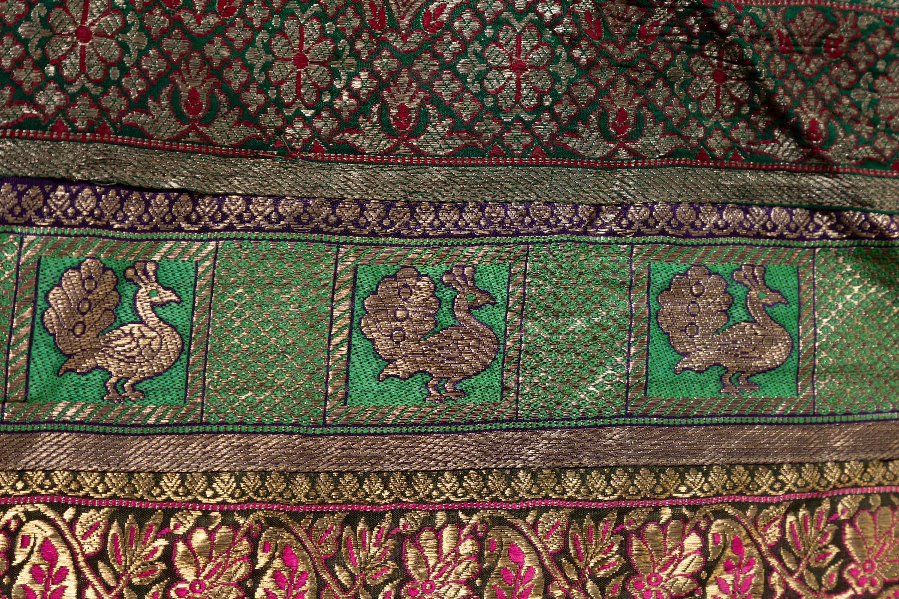 Vintage Indian Silk Embroidered Fabric with Green, Red, Fuchsia and Golden Tones 5