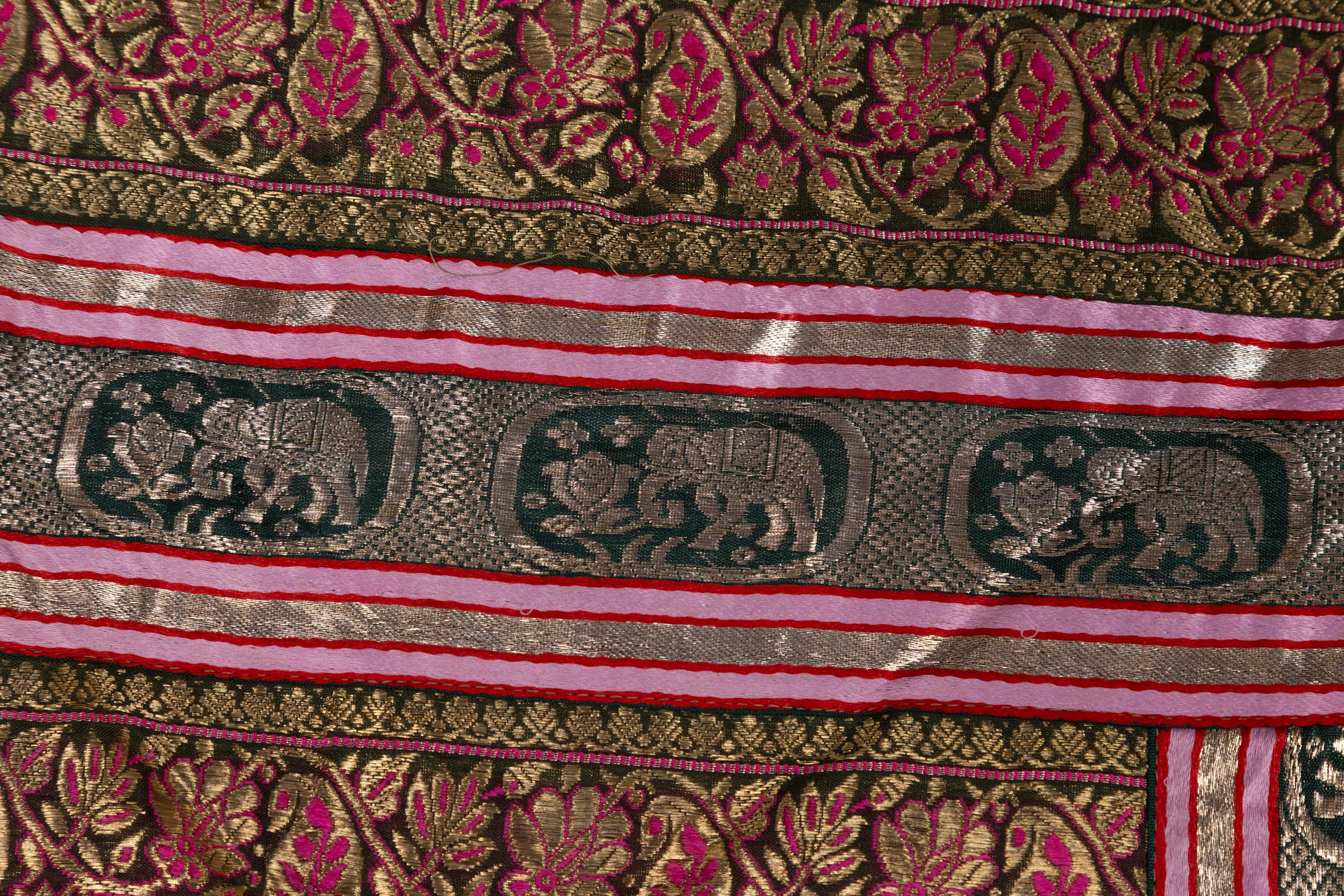 Vintage Indian Silk Embroidered Fabric with Green, Red, Fuchsia and Golden Tones 8
