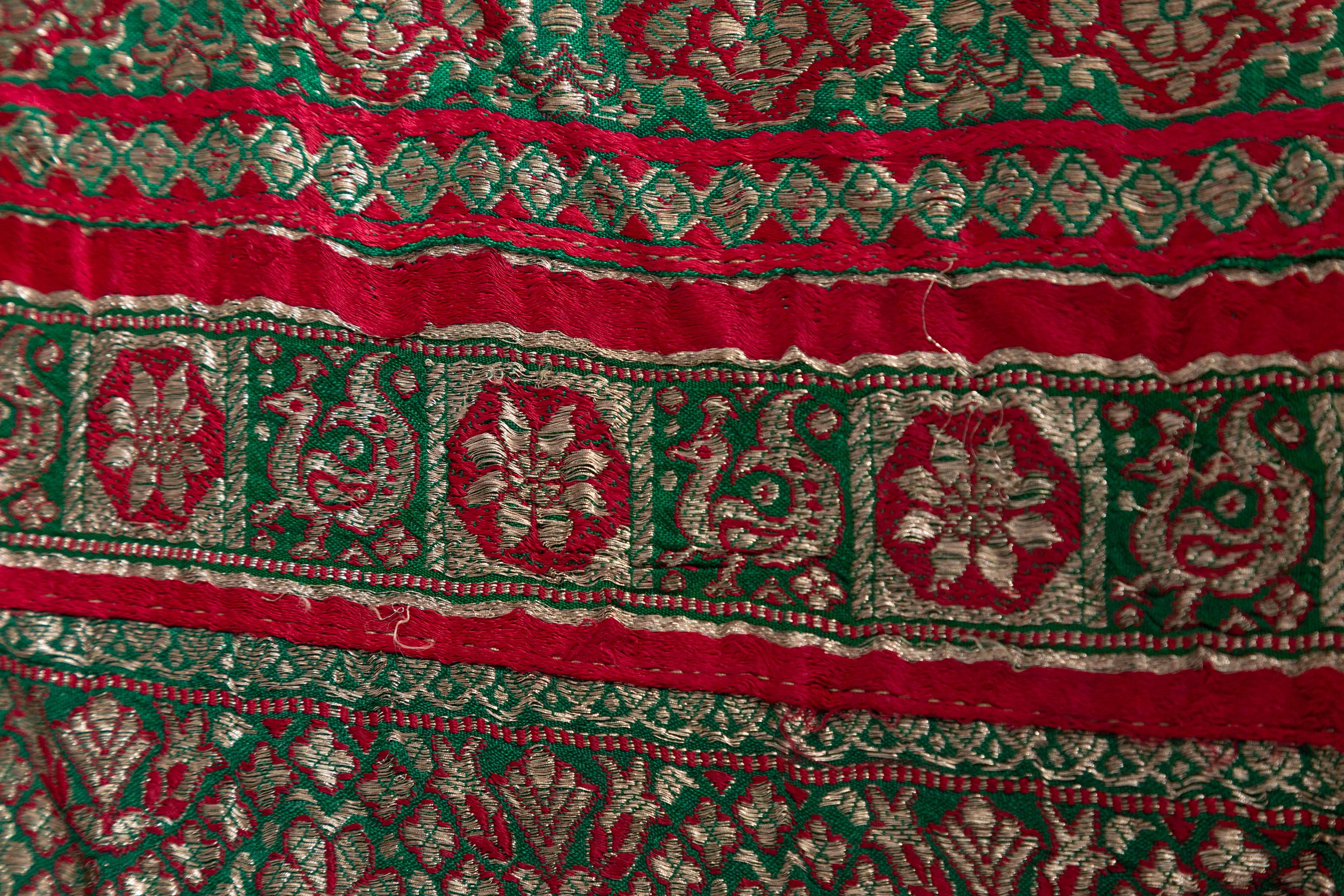 Vintage Indian Silk Embroidered Fabric with Green, Red, Fuchsia and Golden Tones 9