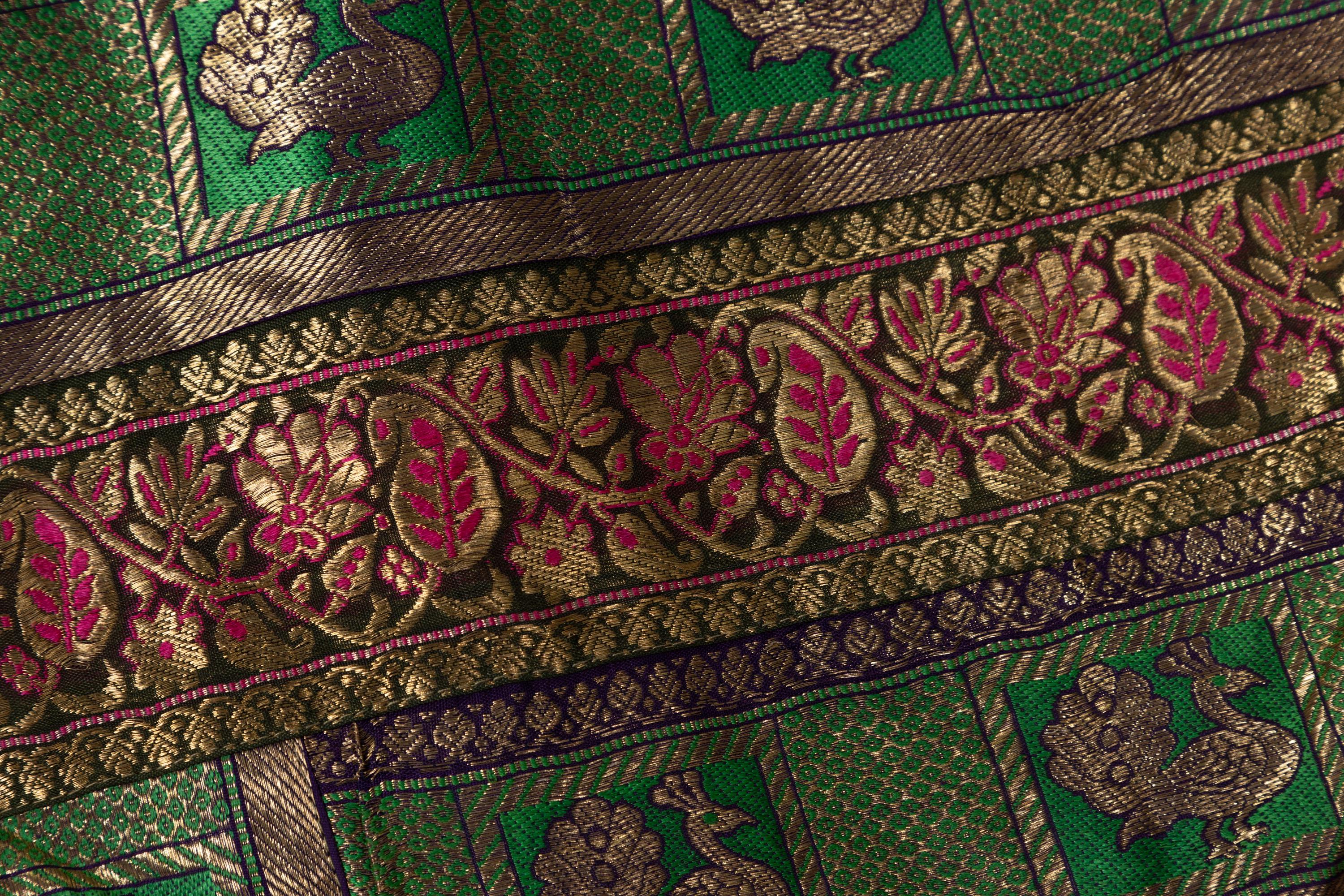 Vintage Indian Silk Embroidered Fabric with Green, Red, Fuchsia and Golden Tones 10