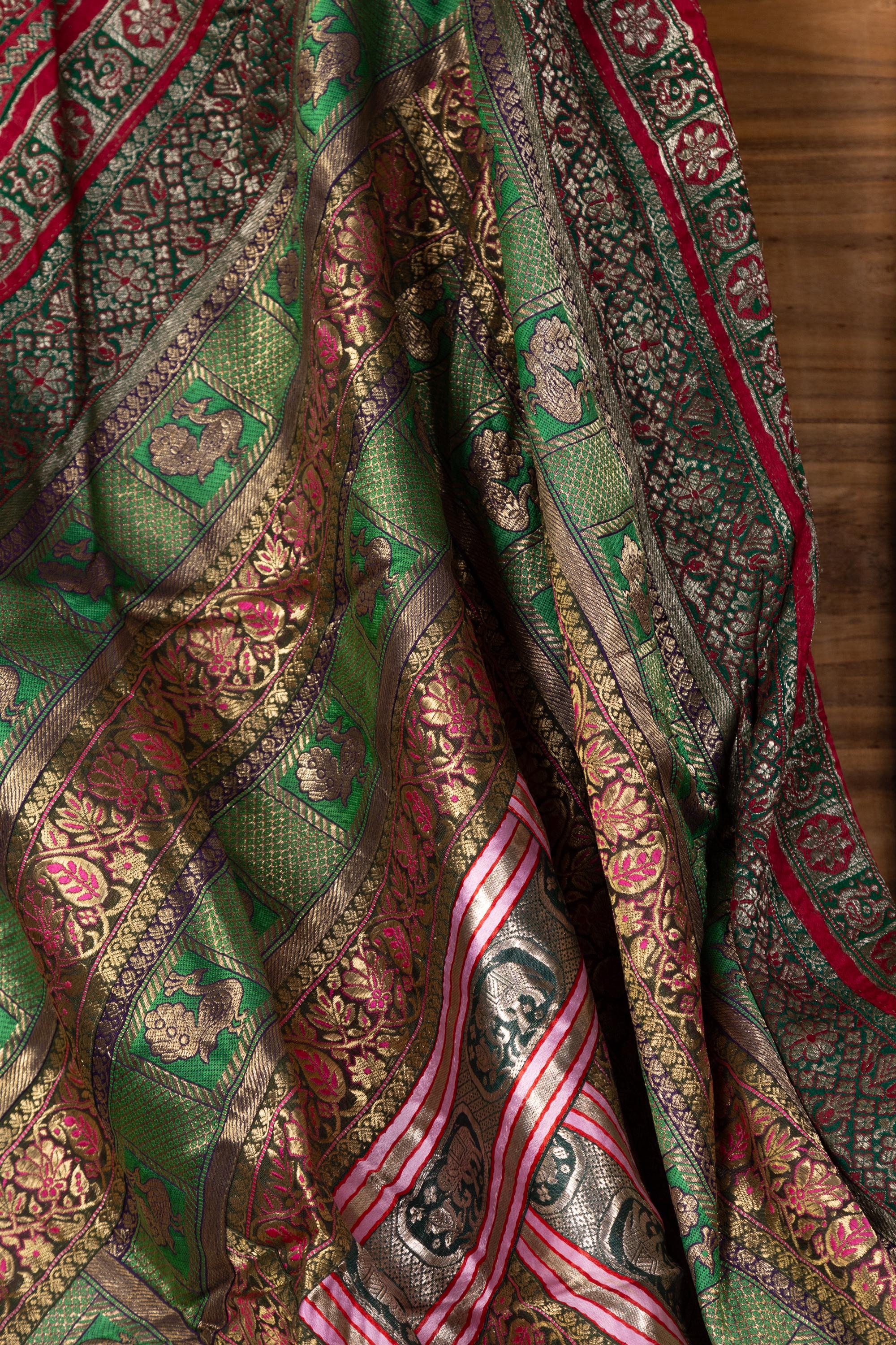 Vintage Indian Silk Embroidered Fabric with Green, Red, Fuchsia and Golden Tones 11