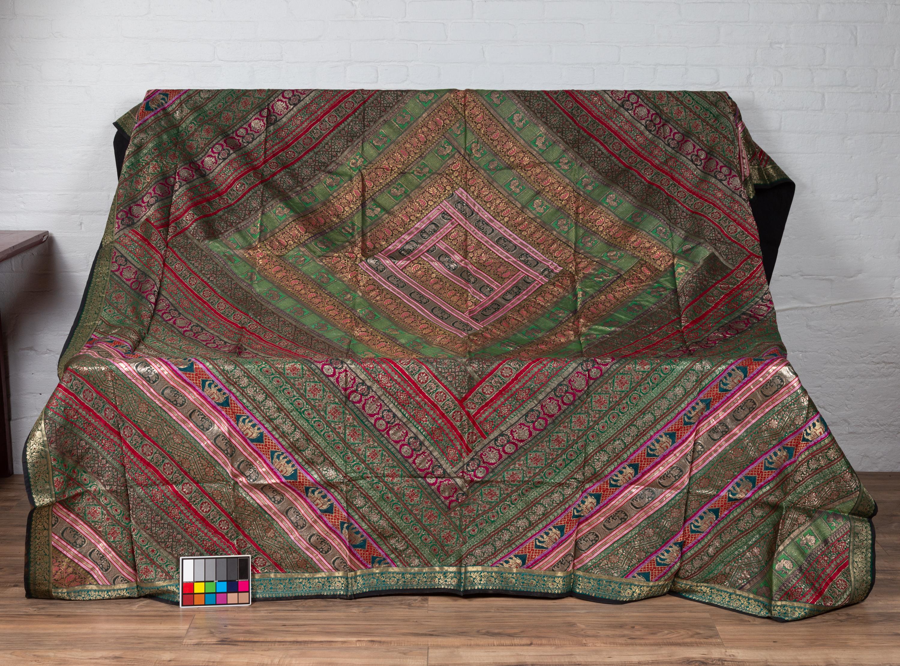 Vintage Indian Silk Embroidered Fabric with Green, Red, Fuchsia and Golden Tones 12