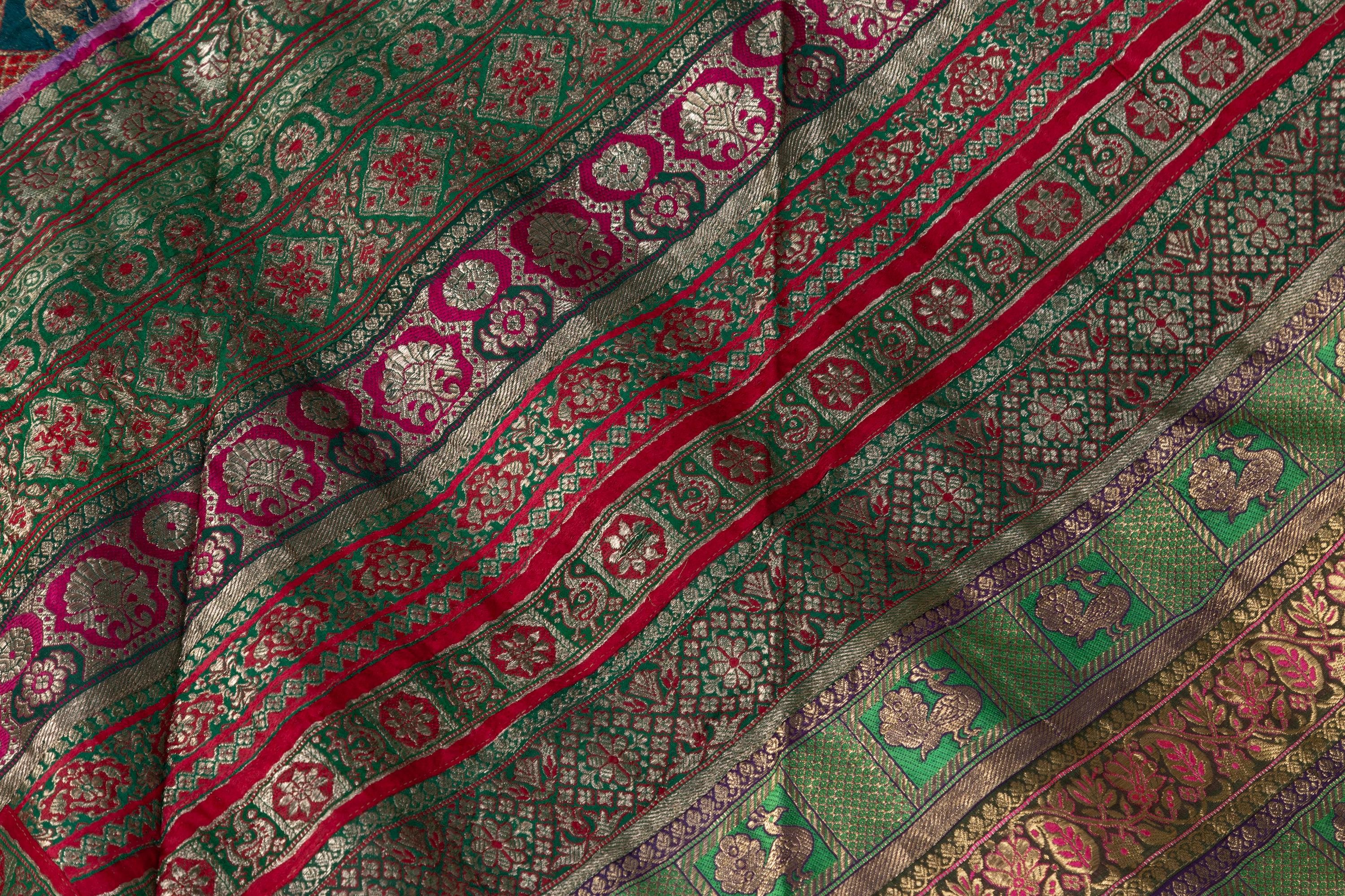 Vintage Indian Silk Embroidered Fabric with Green, Red, Fuchsia and Golden Tones In Excellent Condition In Yonkers, NY