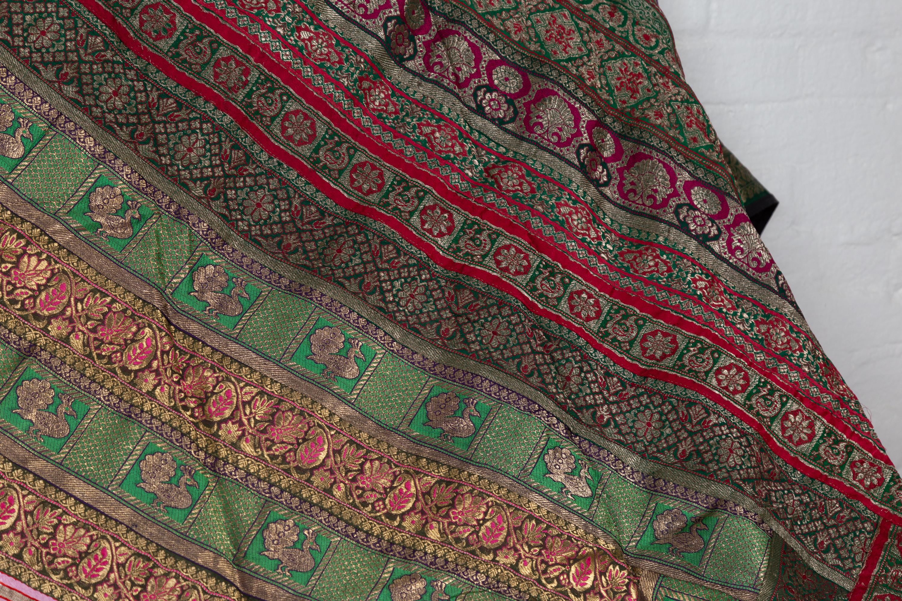 20th Century Vintage Indian Silk Embroidered Fabric with Green, Red, Fuchsia and Golden Tones
