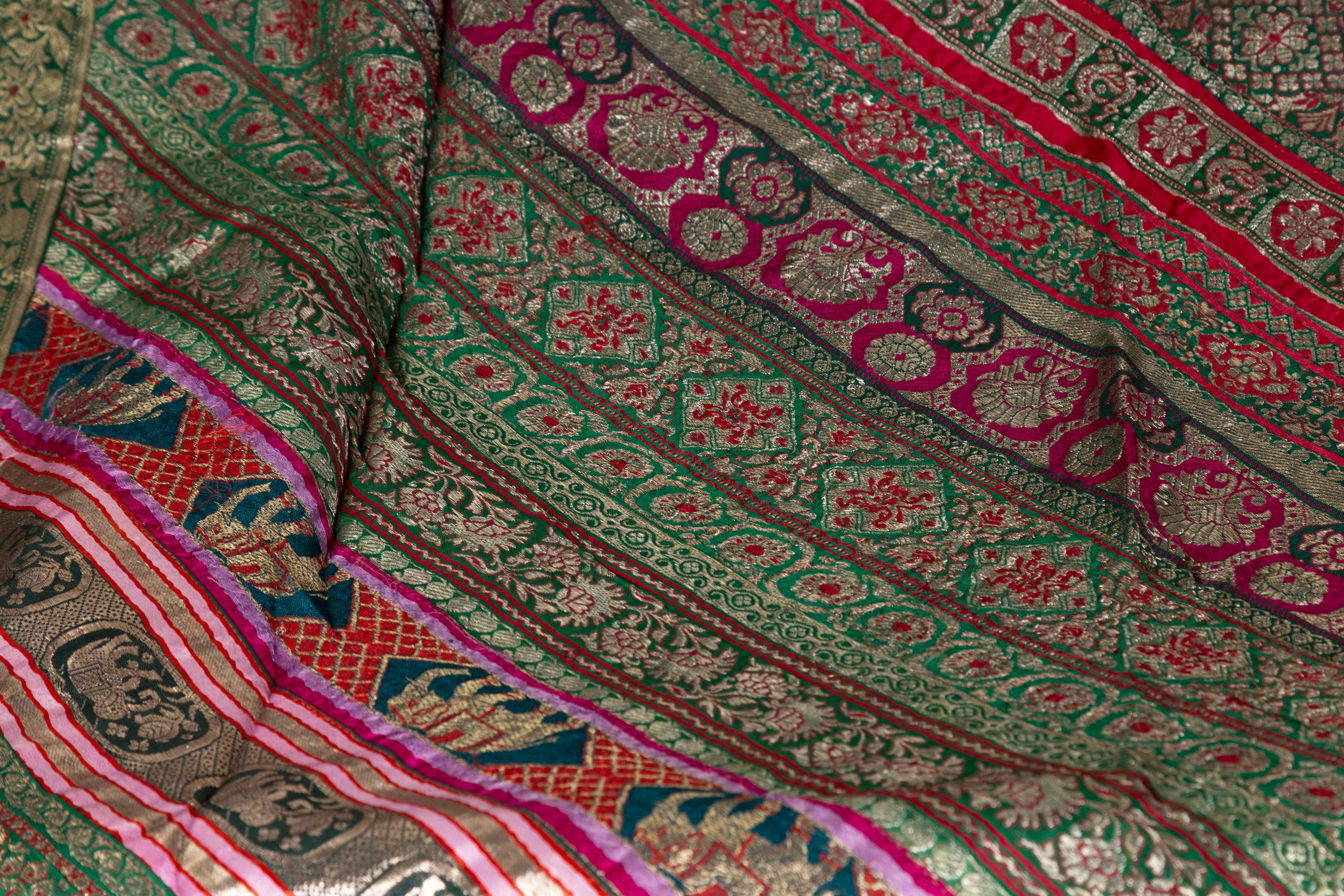 Vintage Indian Silk Embroidered Fabric with Green, Red, Fuchsia and Golden Tones 1