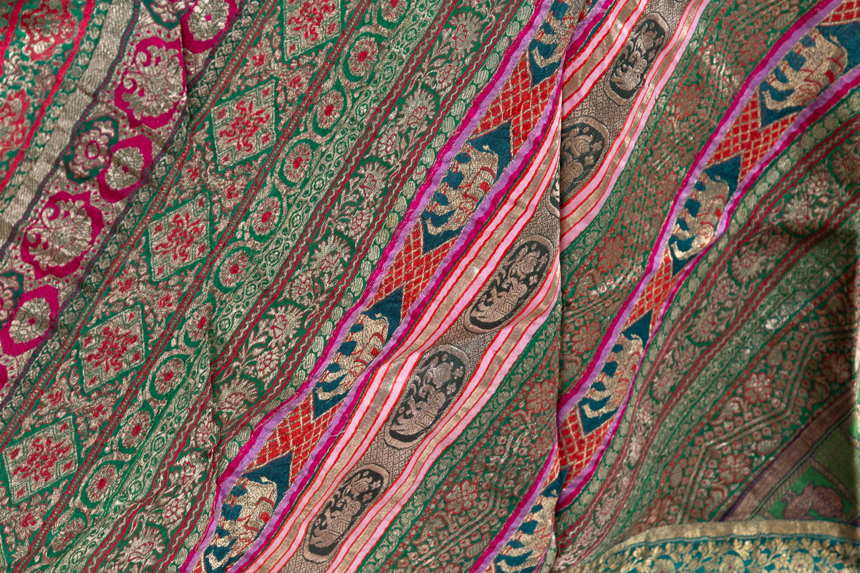 Vintage Indian Silk Embroidered Fabric with Green, Red, Fuchsia and Golden Tones 2