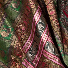 Vintage Indian Silk Embroidered Fabric with Green, Red, Fuchsia and Golden Tones