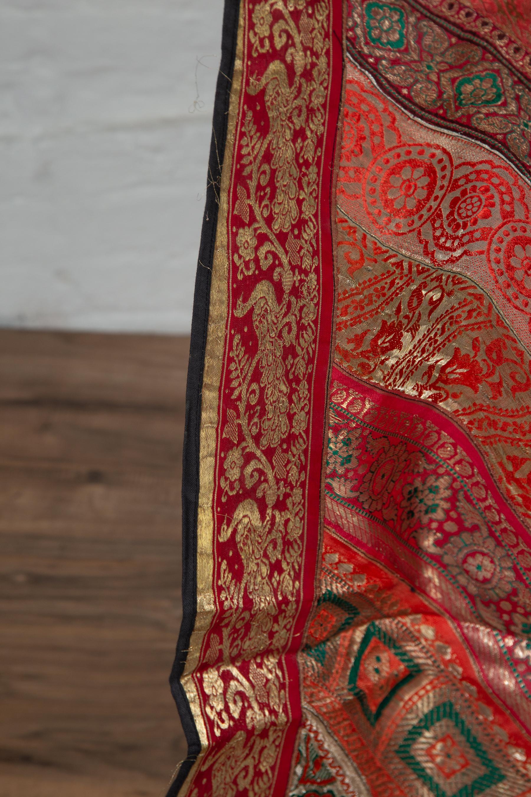 Vintage Indian Silk Embroidered Fabric with Red, Orange, Purple and Golden Tones For Sale 4