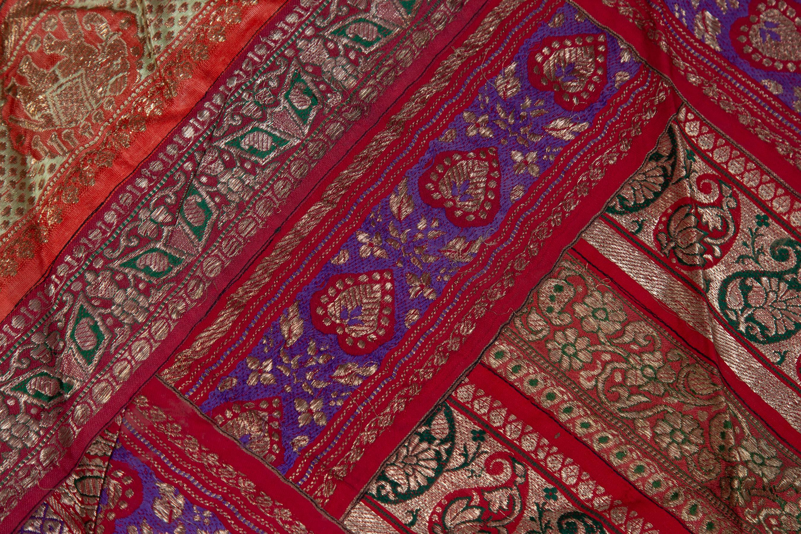 Vintage Indian Silk Embroidered Fabric with Red, Orange, Purple and Golden Tones For Sale 5