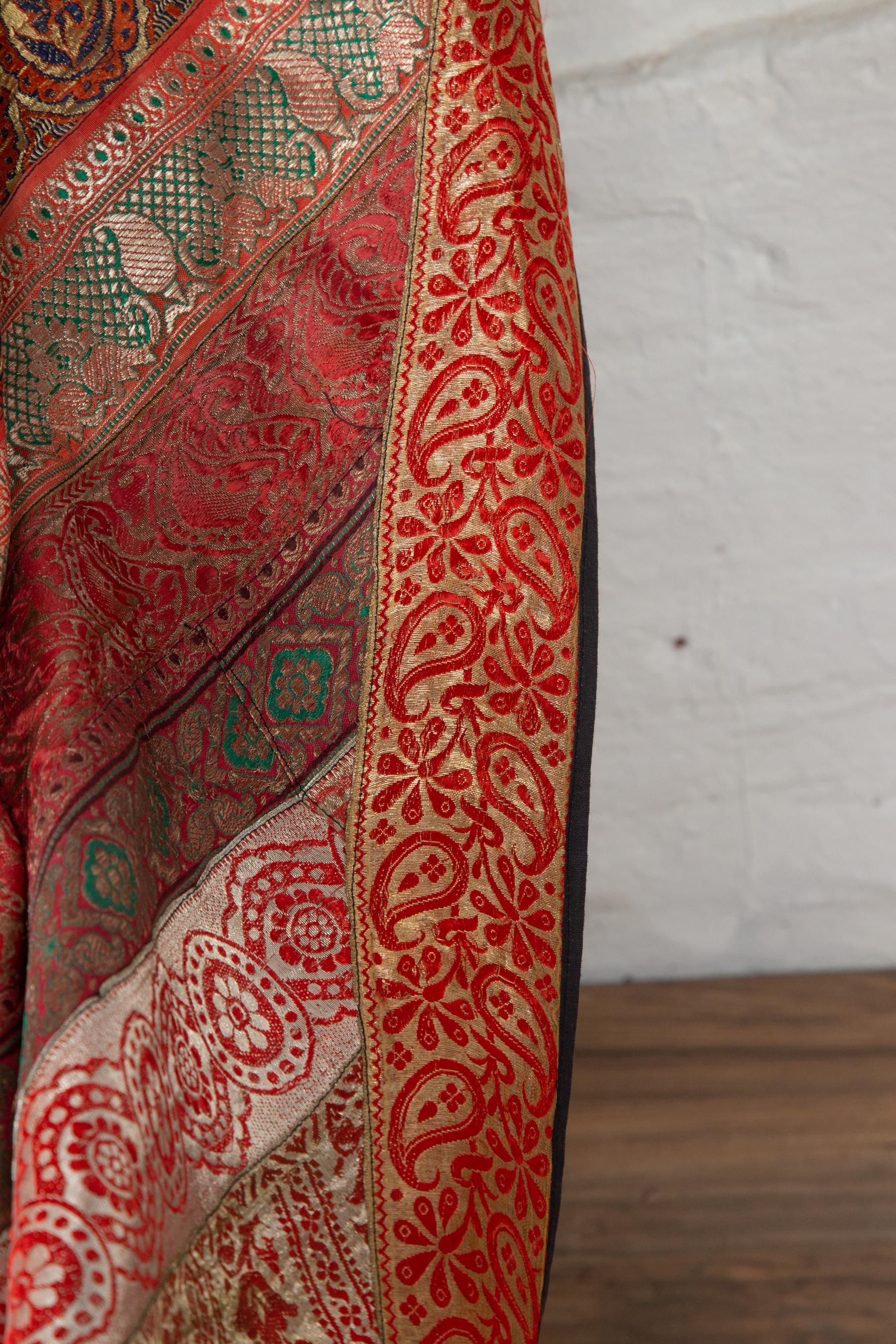 Vintage Indian Silk Embroidered Fabric with Red, Orange, Purple and Golden Tones For Sale 6