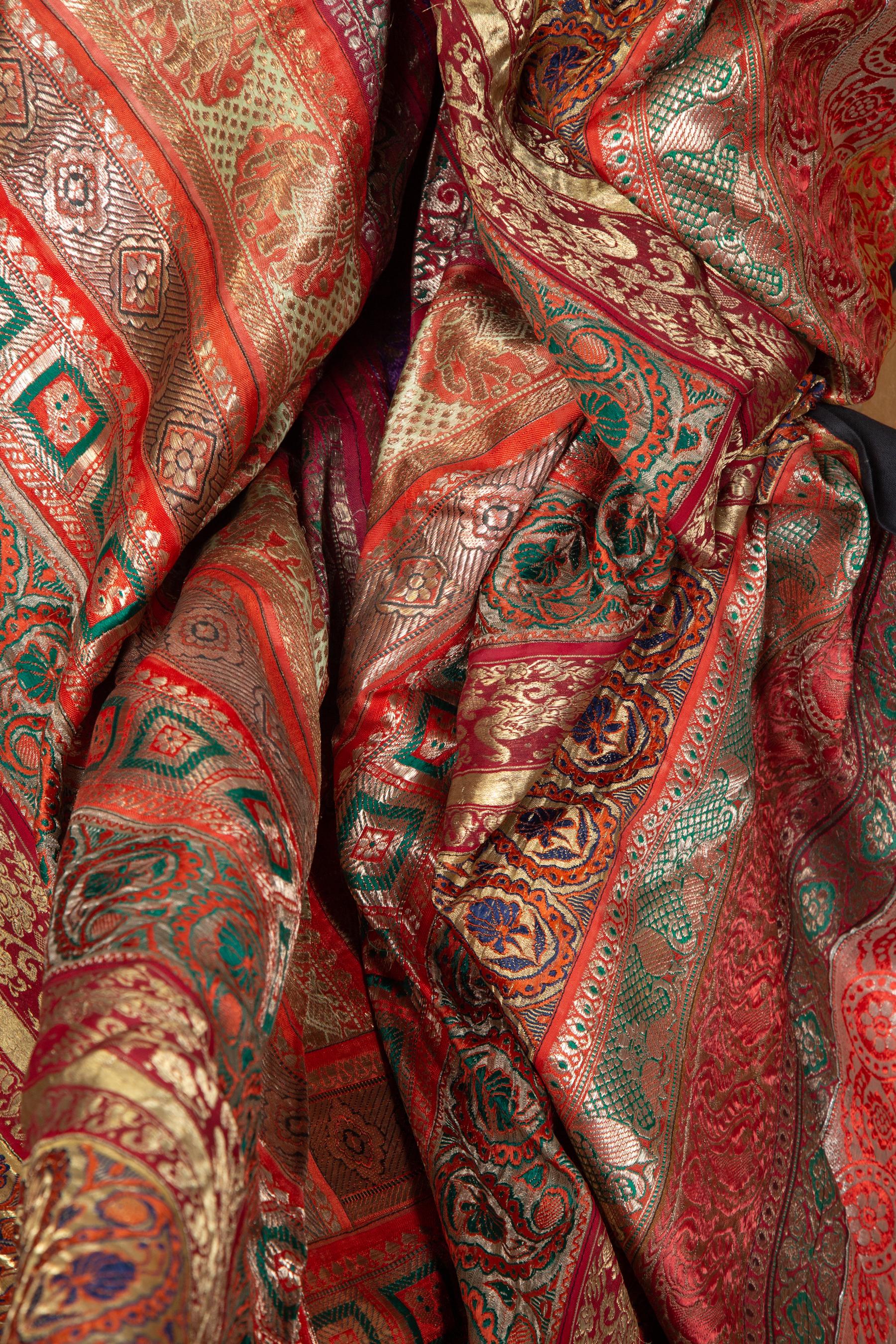 Vintage Indian Silk Embroidered Fabric with Red, Orange, Purple and Golden Tones For Sale 11
