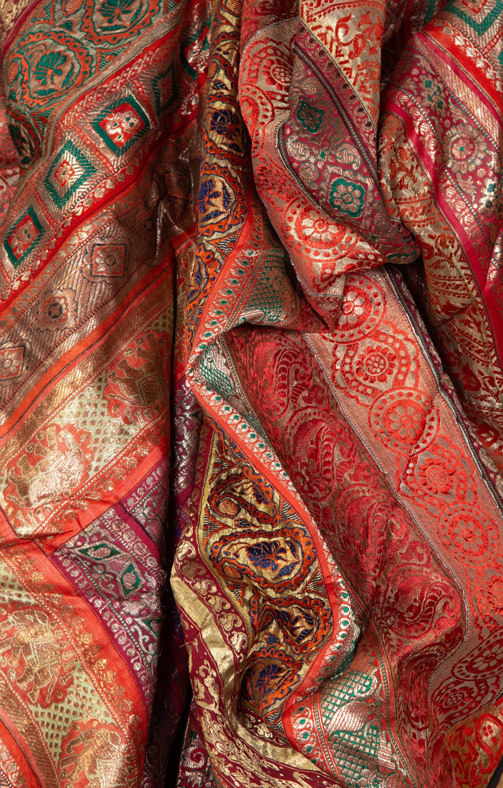 Vintage Indian Silk Embroidered Fabric with Red, Orange, Purple and Golden Tones For Sale 12