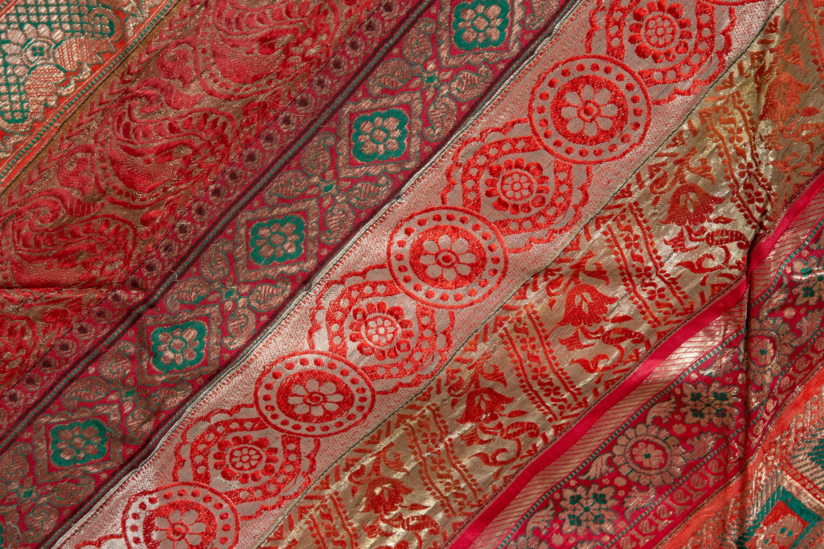 Vintage Indian Silk Embroidered Fabric with Red, Orange, Purple and Golden Tones For Sale 2