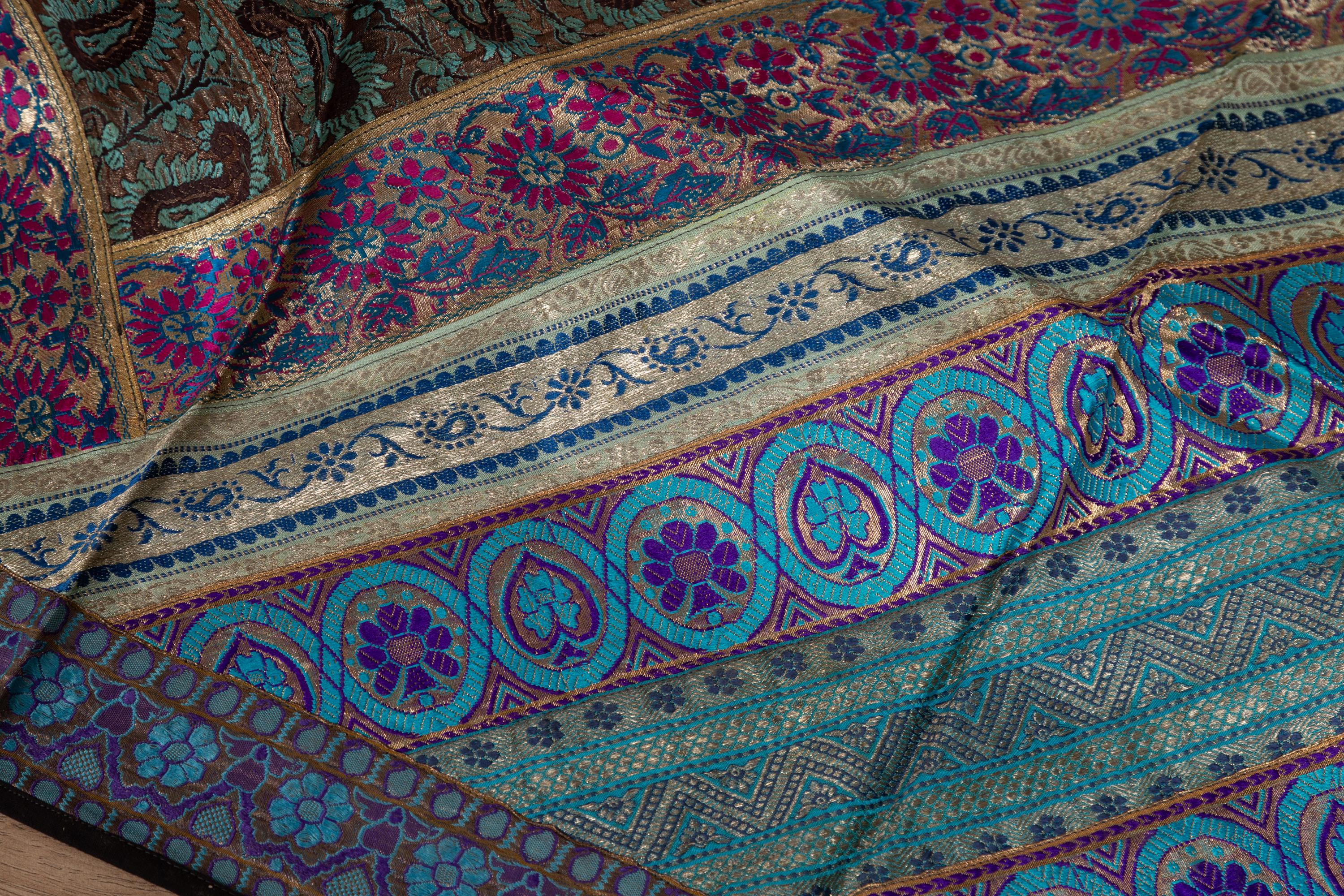 Vintage Indian Silk Embroidered Fabric with Turquoise, Violet and Gold Tones 6