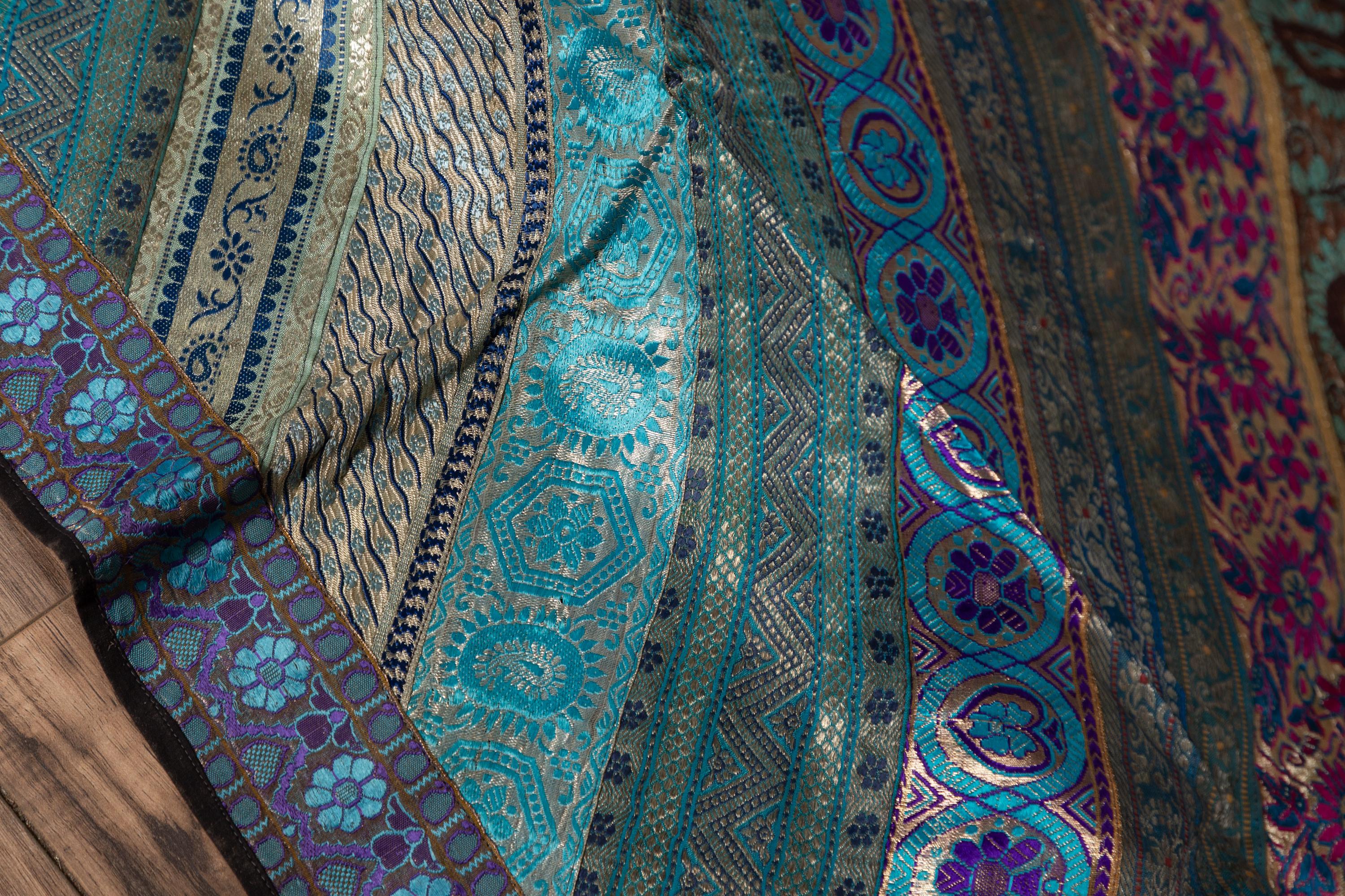 Vintage Indian Silk Embroidered Fabric with Turquoise, Violet and Gold Tones 4