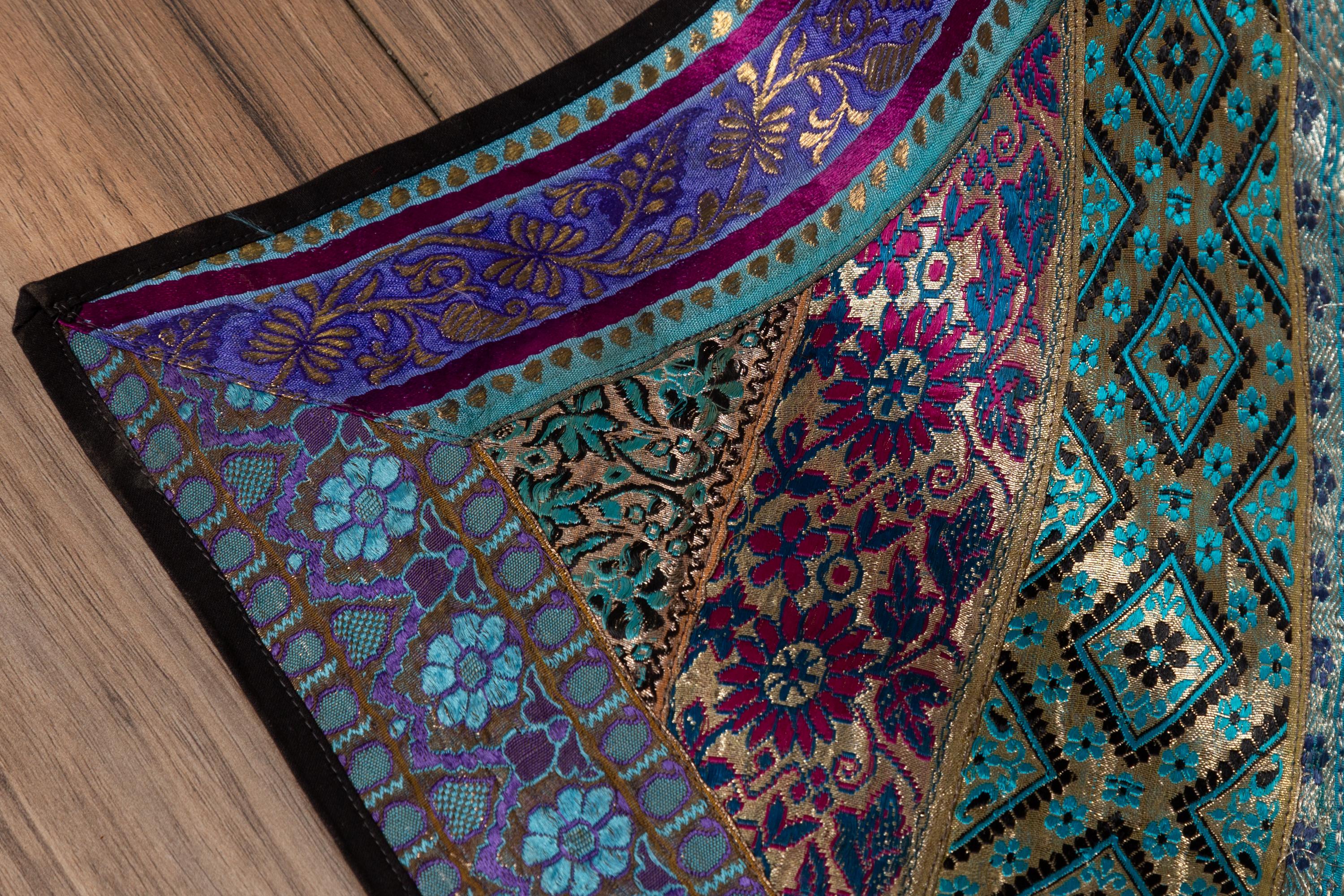 Vintage Indian Silk Embroidered Fabric with Turquoise, Violet and Gold Tones 8