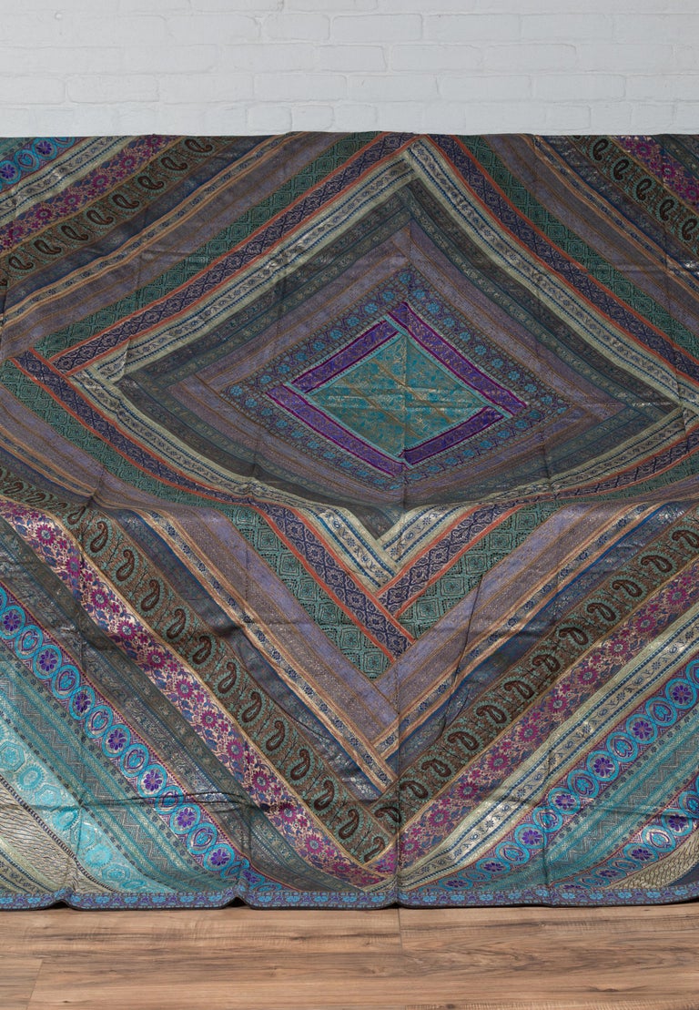 Vintage Indian Silk Embroidered Fabric with Turquoise, Violet and Gold