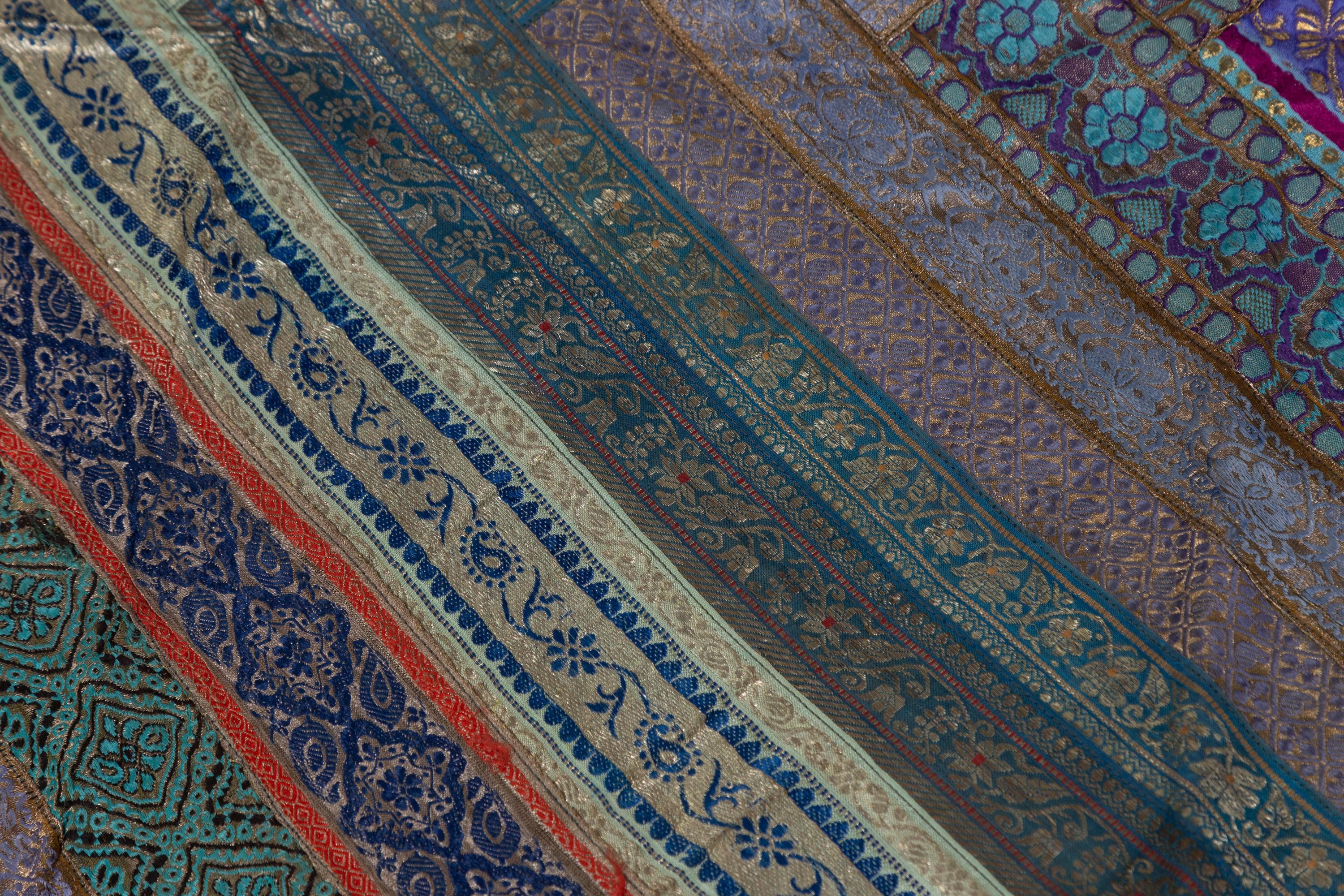 20th Century Vintage Indian Silk Embroidered Fabric with Turquoise, Violet and Gold Tones