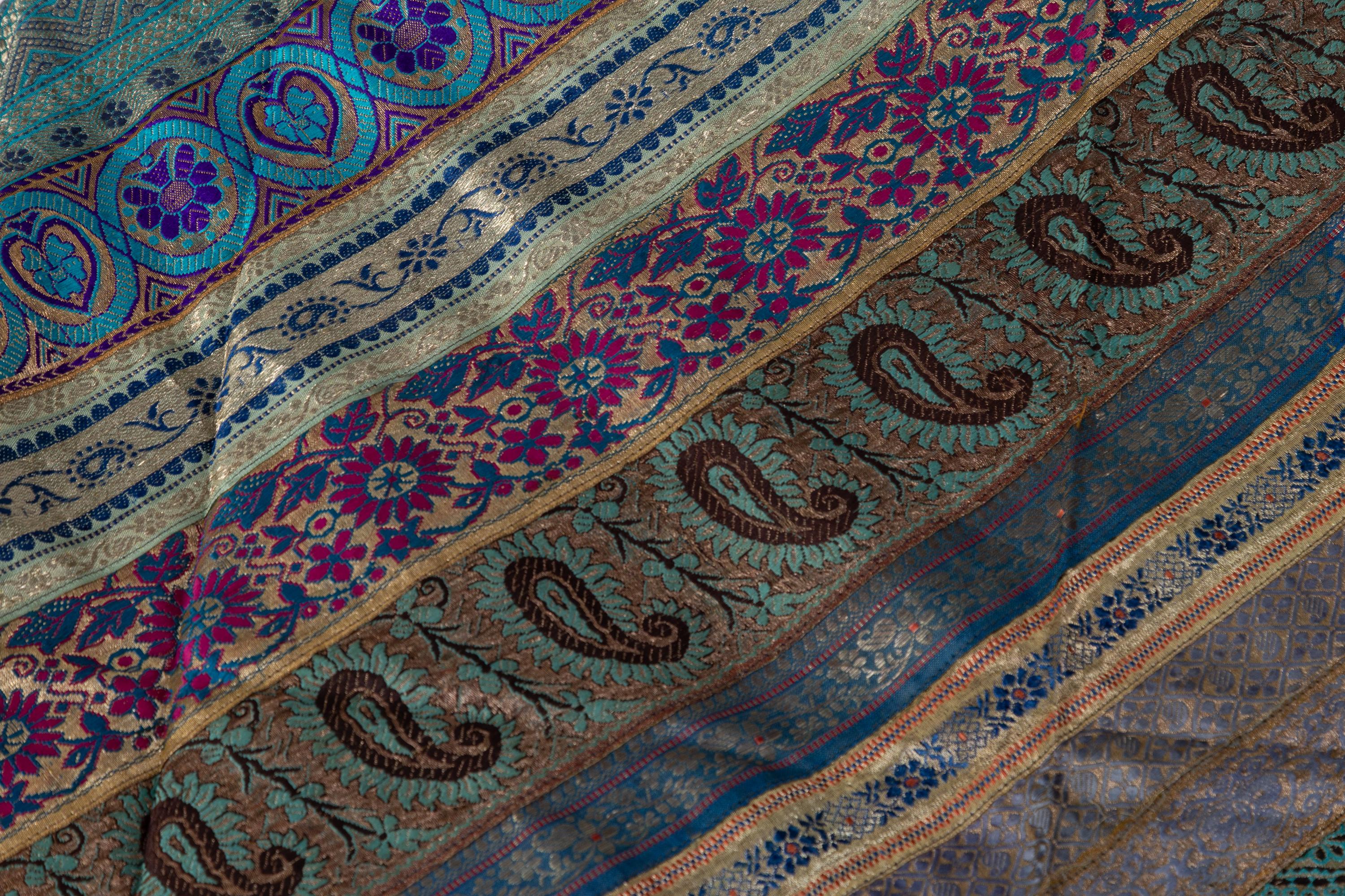 Vintage Indian Silk Embroidered Fabric with Turquoise, Violet and Gold Tones 1