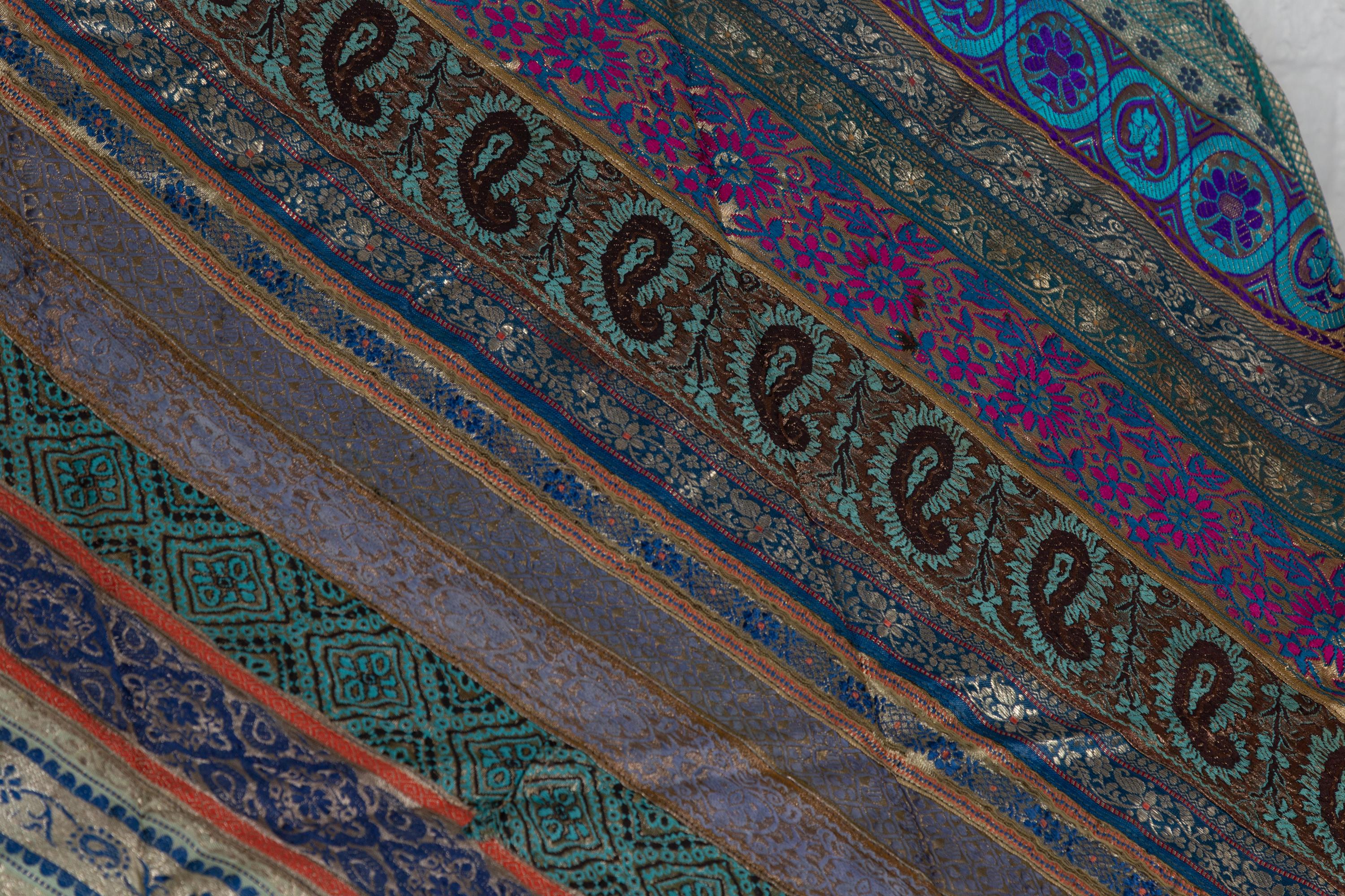 Vintage Indian Silk Embroidered Fabric with Turquoise, Violet and Gold Tones 2