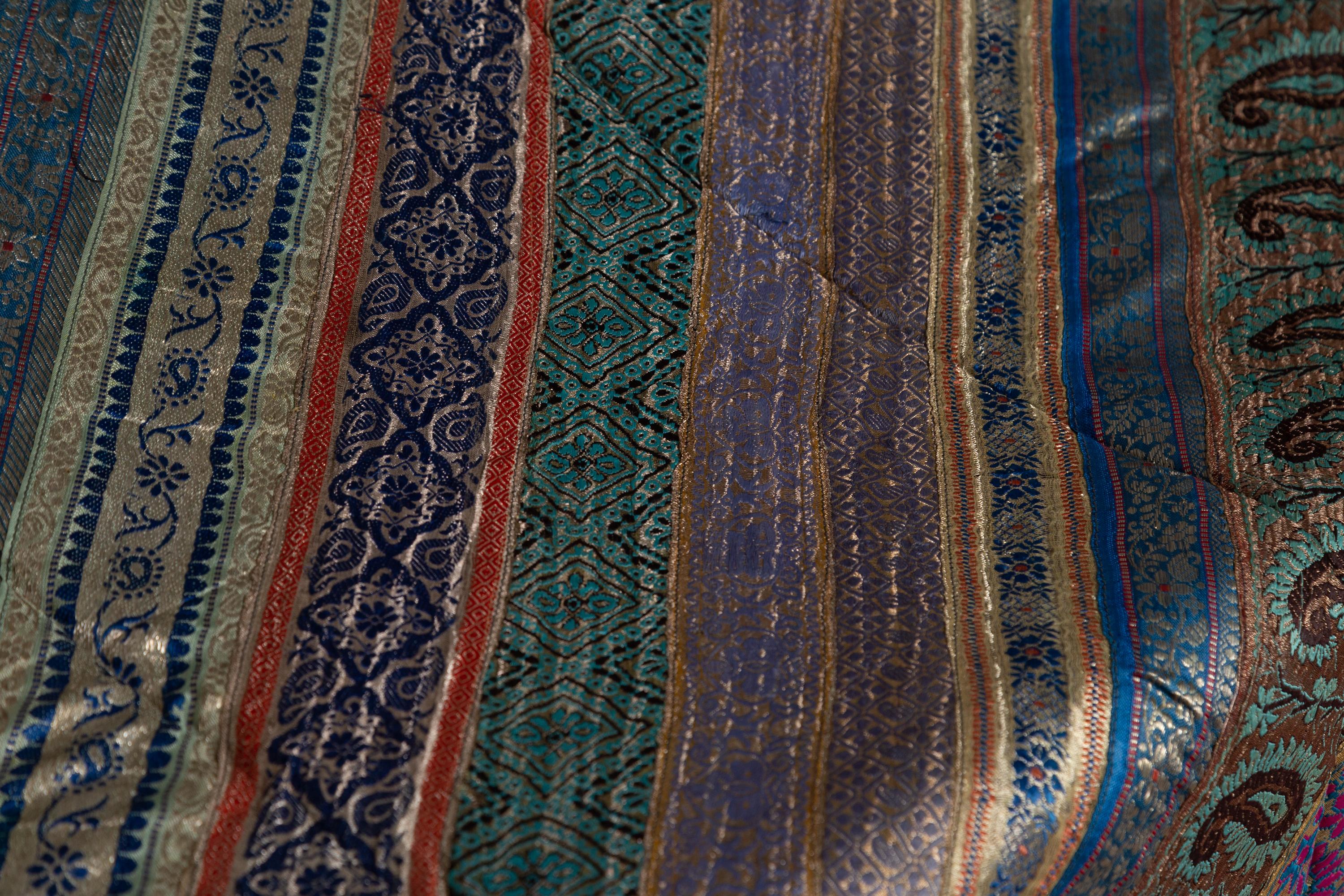 Vintage Indian Silk Embroidered Fabric with Turquoise, Violet and Gold Tones 3